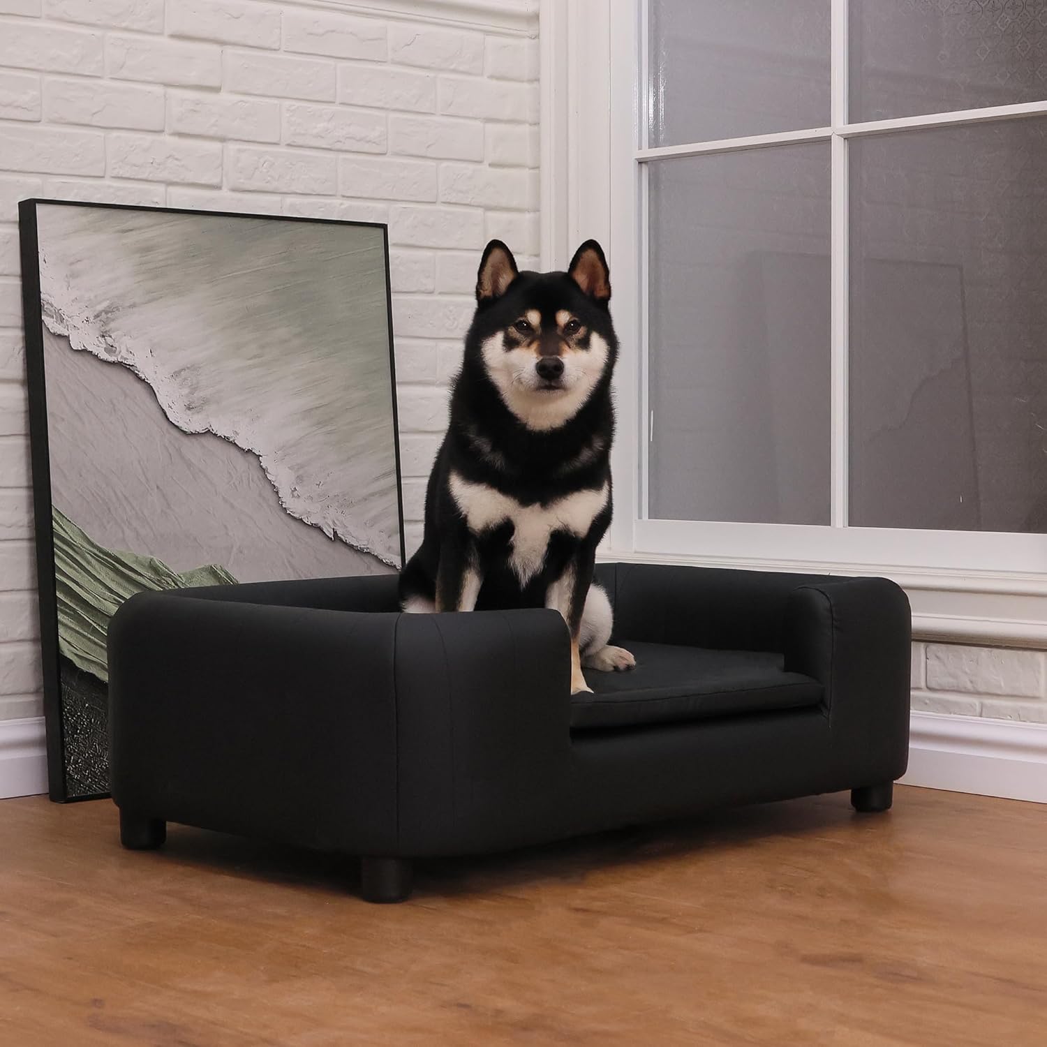 37-Inch Modern Pet Sofa with PU Scratch-Resistant Fabric and Adjustable Legs, Elevated Dog Couch for Small and Medium Dogs, Comfortable Dog Sofa Bed