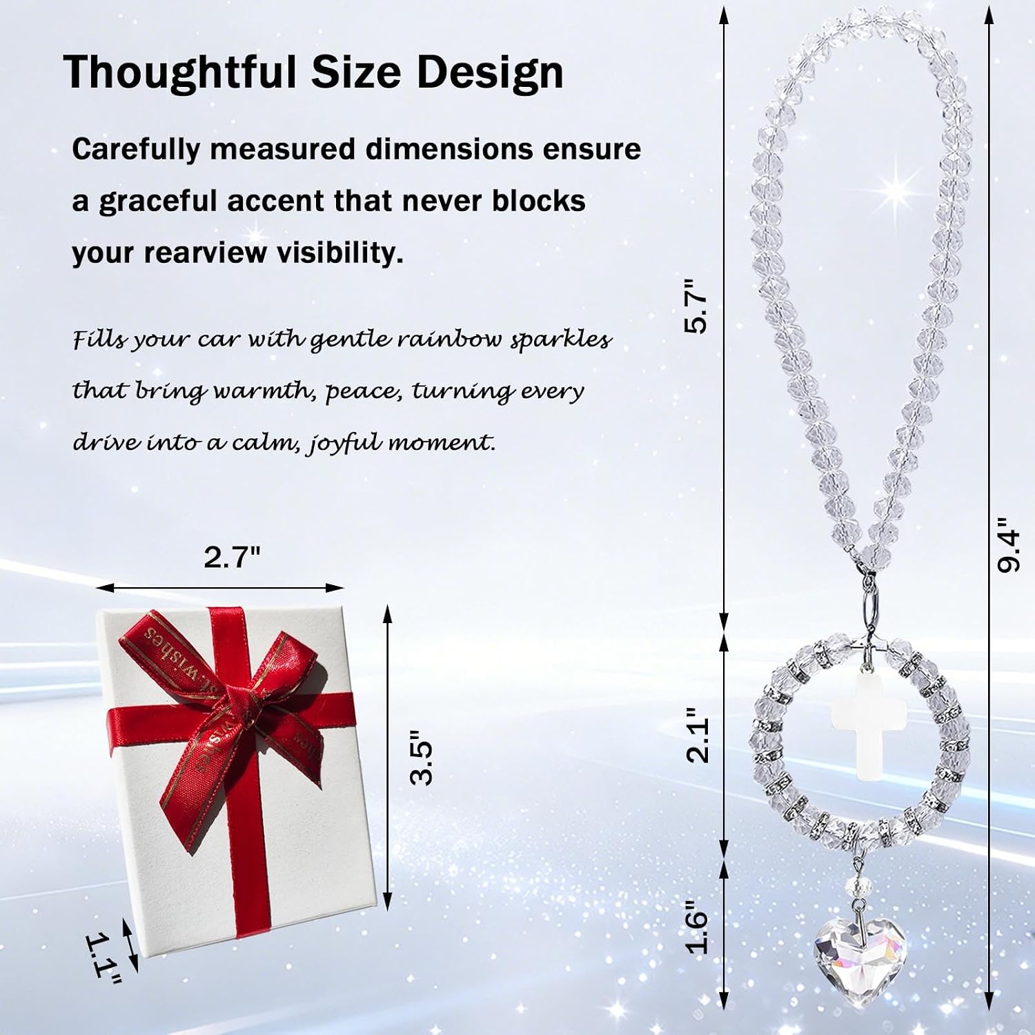 Crystal Cross for Car Rear View Mirror Hanging, Bling Suncatcher Car Charm Accessories with Glass Beads Chain and White Jade Cross, Silver Color image 3