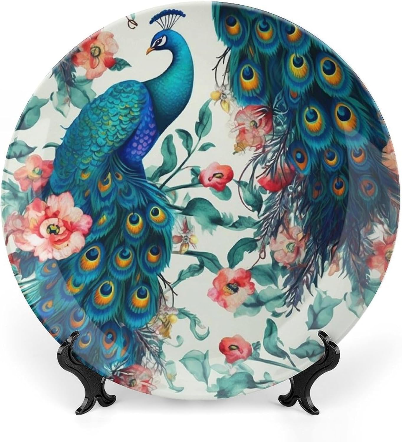 Ceramic Decorative Plate Beautiful Peacock Flowers Printed Bone China Decorative Plate Decorative Plate Crafts Ceramic Dinner Plate with Stand for Home Kitchen Bedroom 8inch