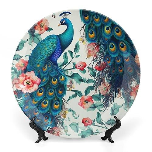 Ceramic Decorative Plate Beautiful Peacock Flowers Printed Bone China Decorative