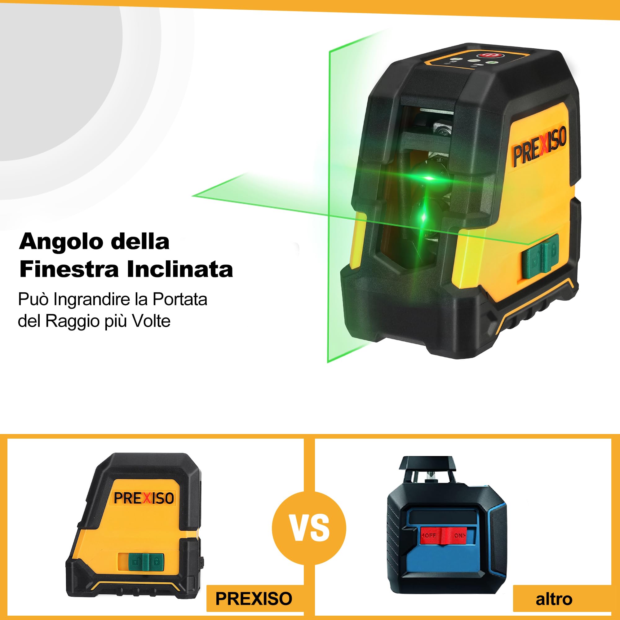 PREXISO Laser a Linee, Livella a Linea Laser, Livella Autolivellante, Laser a Linea Verticale/Orizzontale, Laser Verde con 3 Modalità, Livella Laser Professionale con Supporto Magnetico e Treppiede