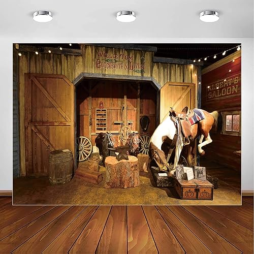 JASREE Fondo de vinilo de 10 x 8 pies, diseño de caballo vaquero occidental de Texas, caballo en granero, yunque de árbol, linterna, silla de