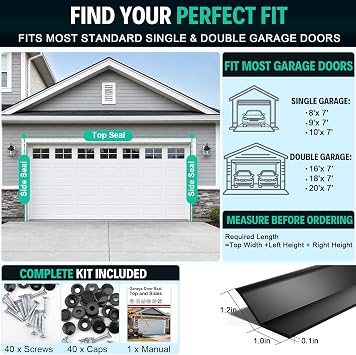 Garage Door Seal Top and Sides - 40FT TPE Garage Door Weather Stripping Kit, Flexible Side Seal for Blocking Drafts Rain Dust & Rodents, Easy Installation for DIY Homeowners, Black