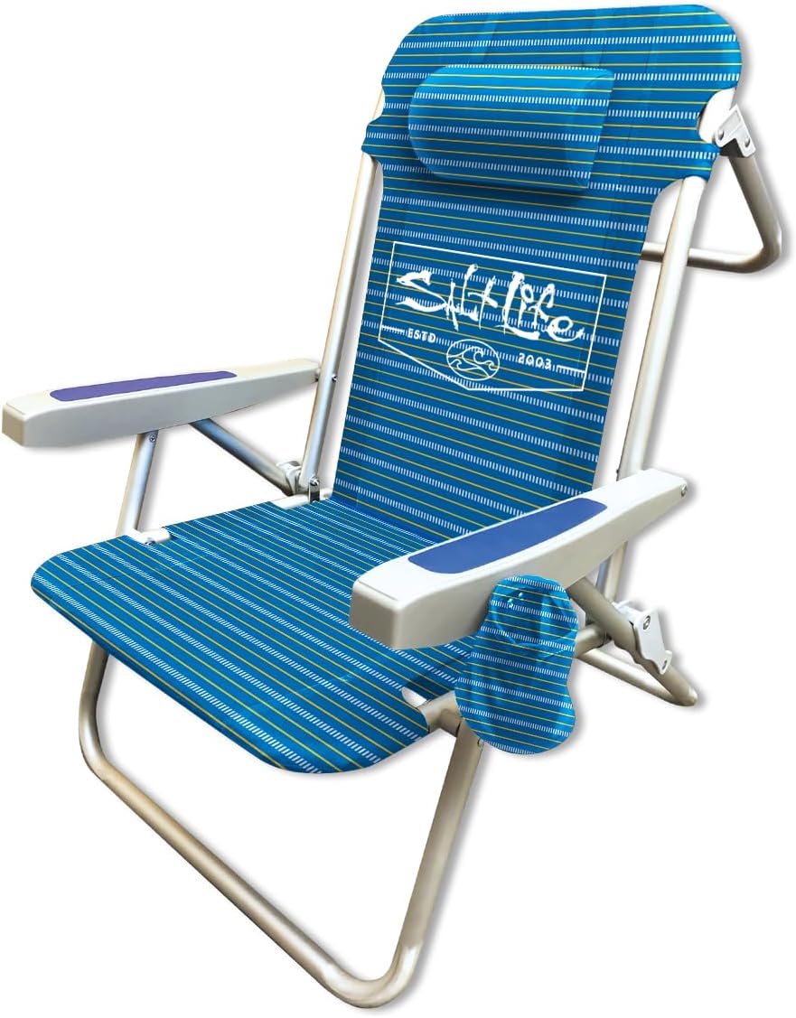 Salt Life Marina 5-Position Backpack Beach Sand Chair for Adults, Folding, Backpack Straps, 300 lbs Capacity, Camping Chair, Blue Stripes