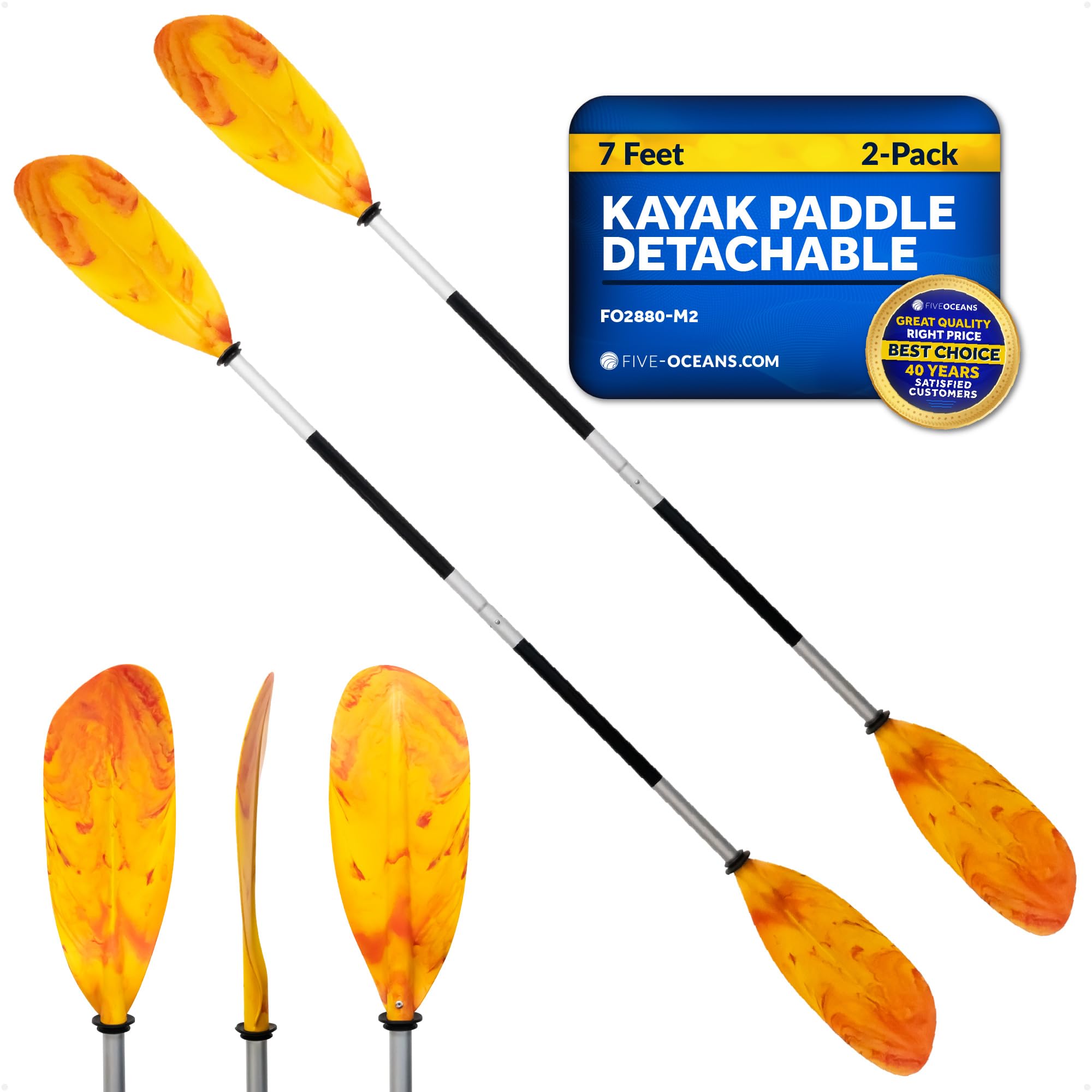 Five Oceans Kayak Paddles 2 Pack, 84" - 7ft Kayak Fishing Paddle, Detachable Heavy-Duty Aluminum Shaft, Reinforced Fiberglass Blades, 2-Piece