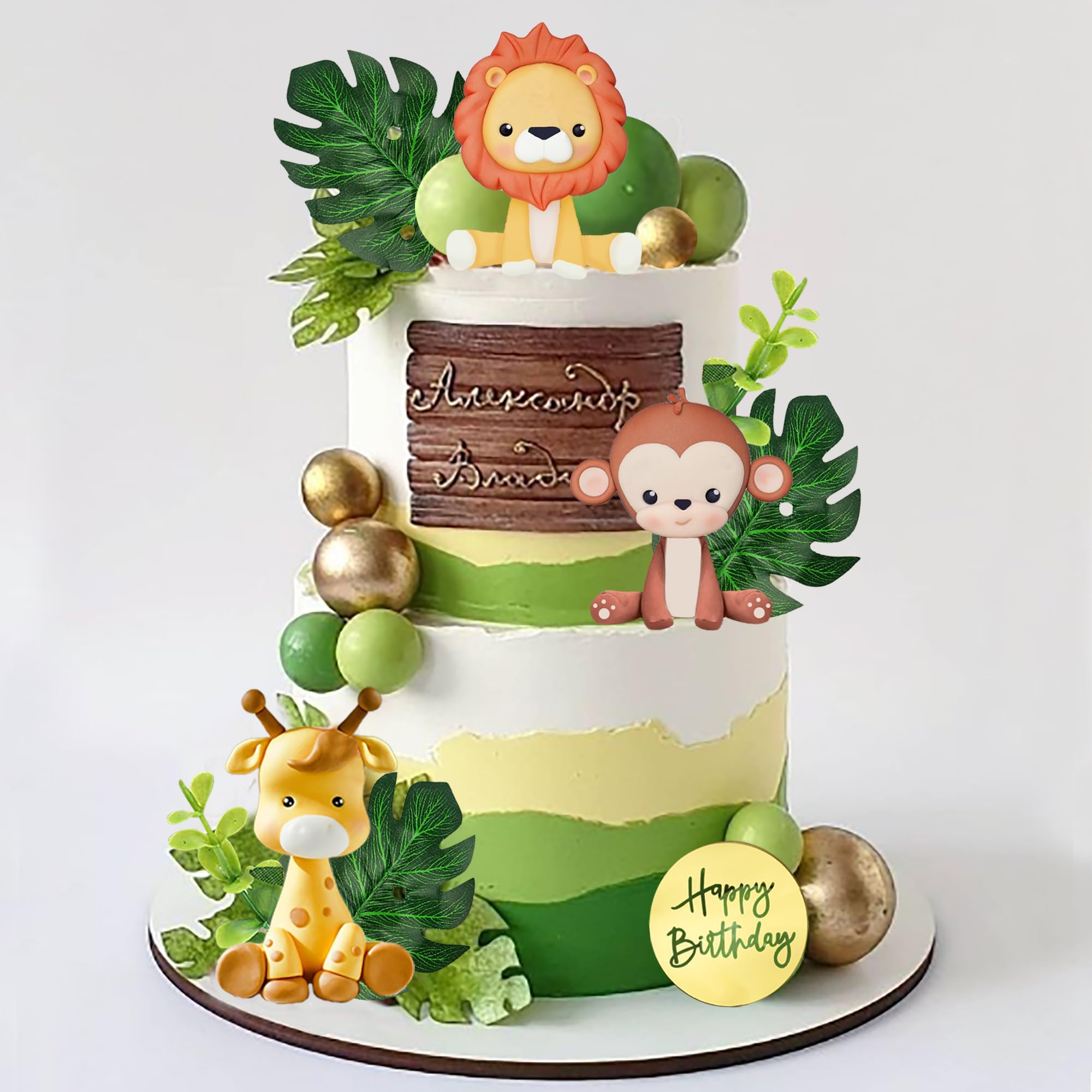 Jungle Safari Animal Cake Topper with Colourful Balls Plam Leaves Cake Decoration for Wild Theme Birthday Supplies (STYLE 3)
