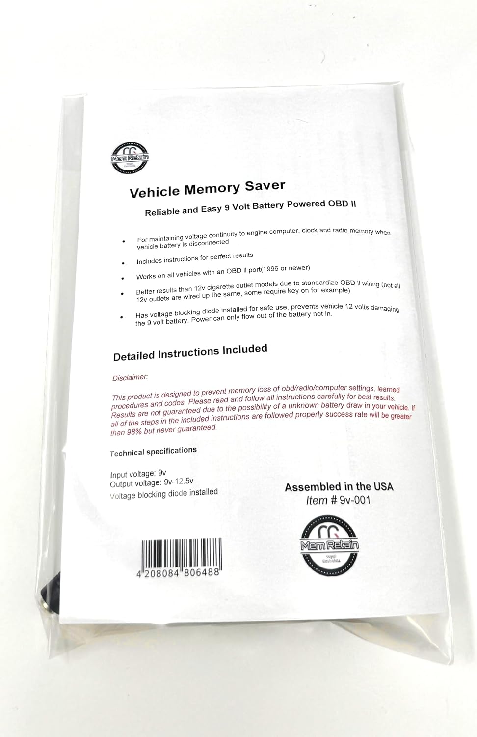 Original Mem Retain Brand 9 Volt Battery Powered OBD ll Connector Vehicle Memory Saver Reliable and Easy