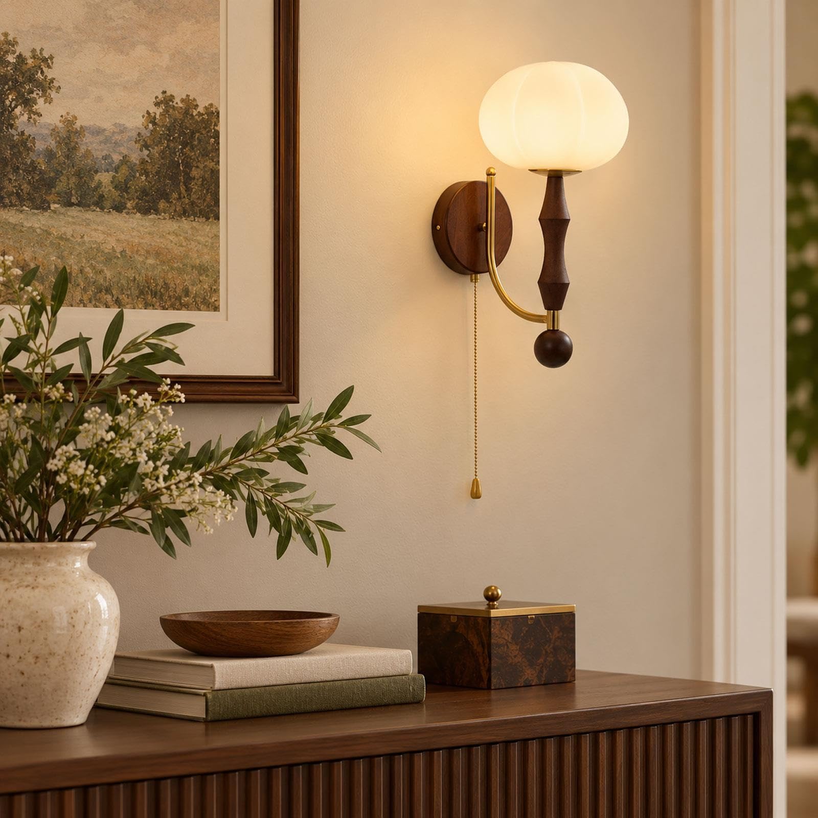 Aplique de pared cristal vintage, detalle madera, base E27