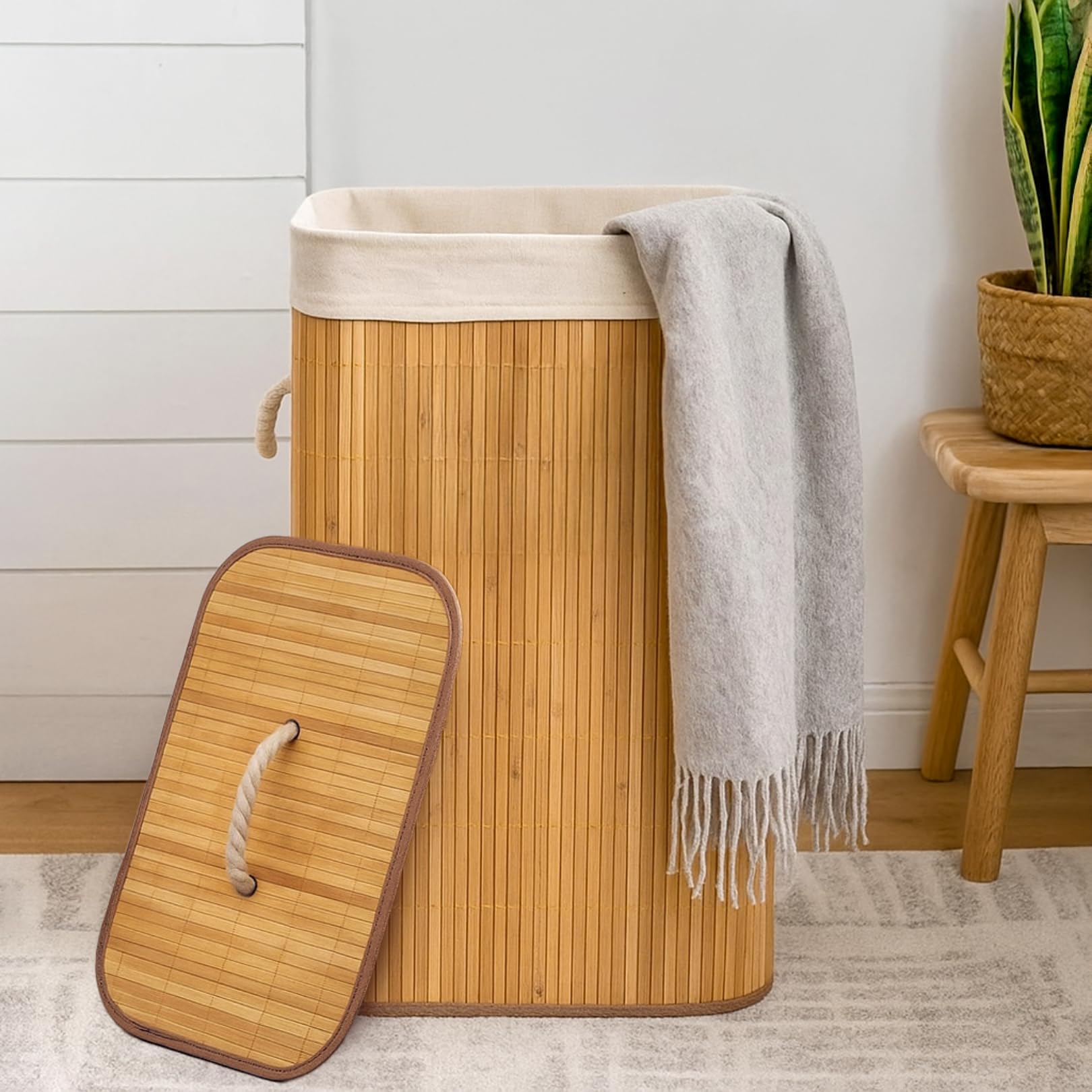 Garden Mile 70L Bamboo Laundry Basket With Lid And Removable Liner Durable and Slim Washing Baskets For Laundry - Bamboo Washing Basket Collapsible - Wooden Dirty Clothes Basket Household Essentials
