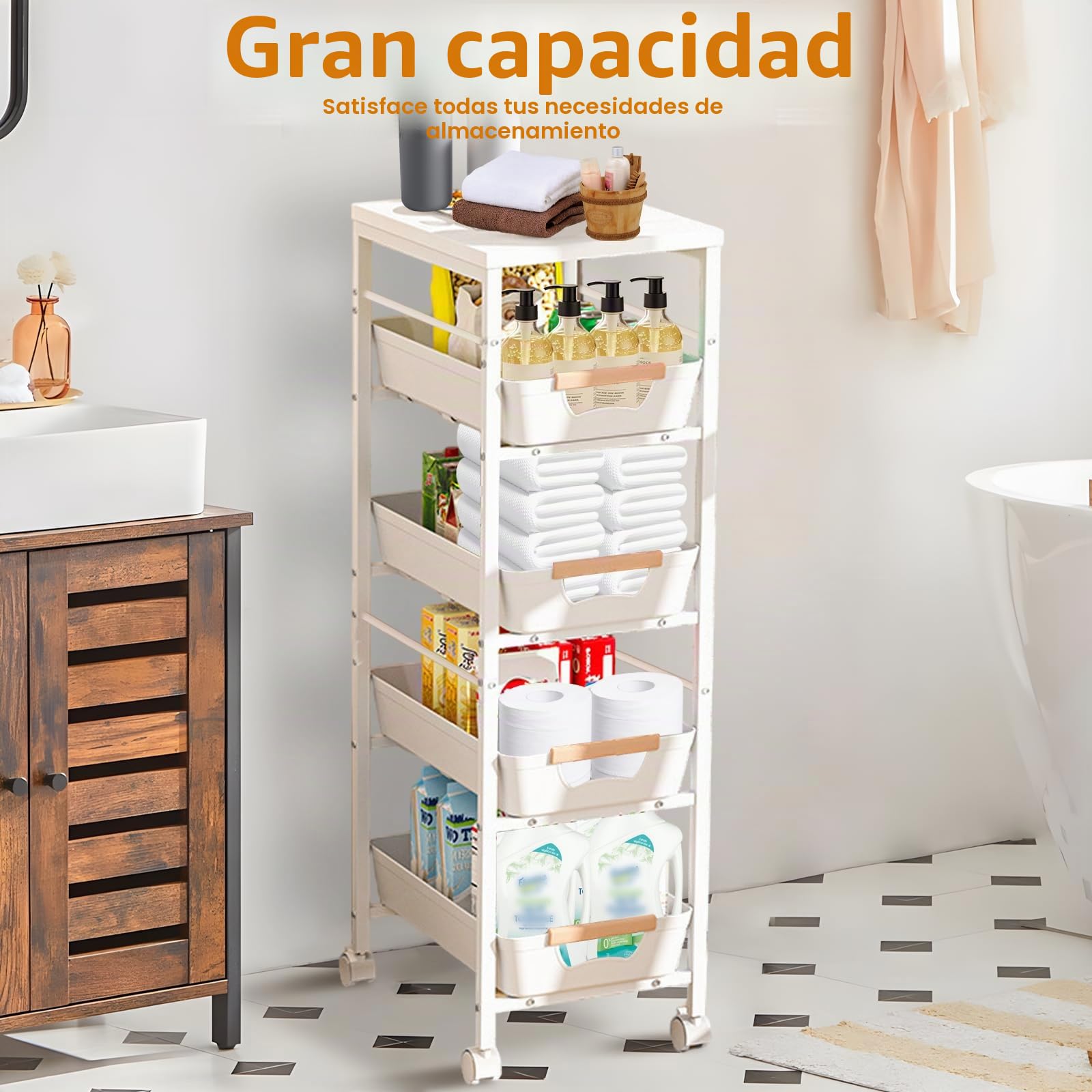 Carrito de Cocina de 5 niveles, Carrito Auxiliar con Ruedas Marco de Metal con 4 Cajones Extraíbles Carrito de Almacenamiento con Tablero de Madera para Baño, Cocina, Lavandería