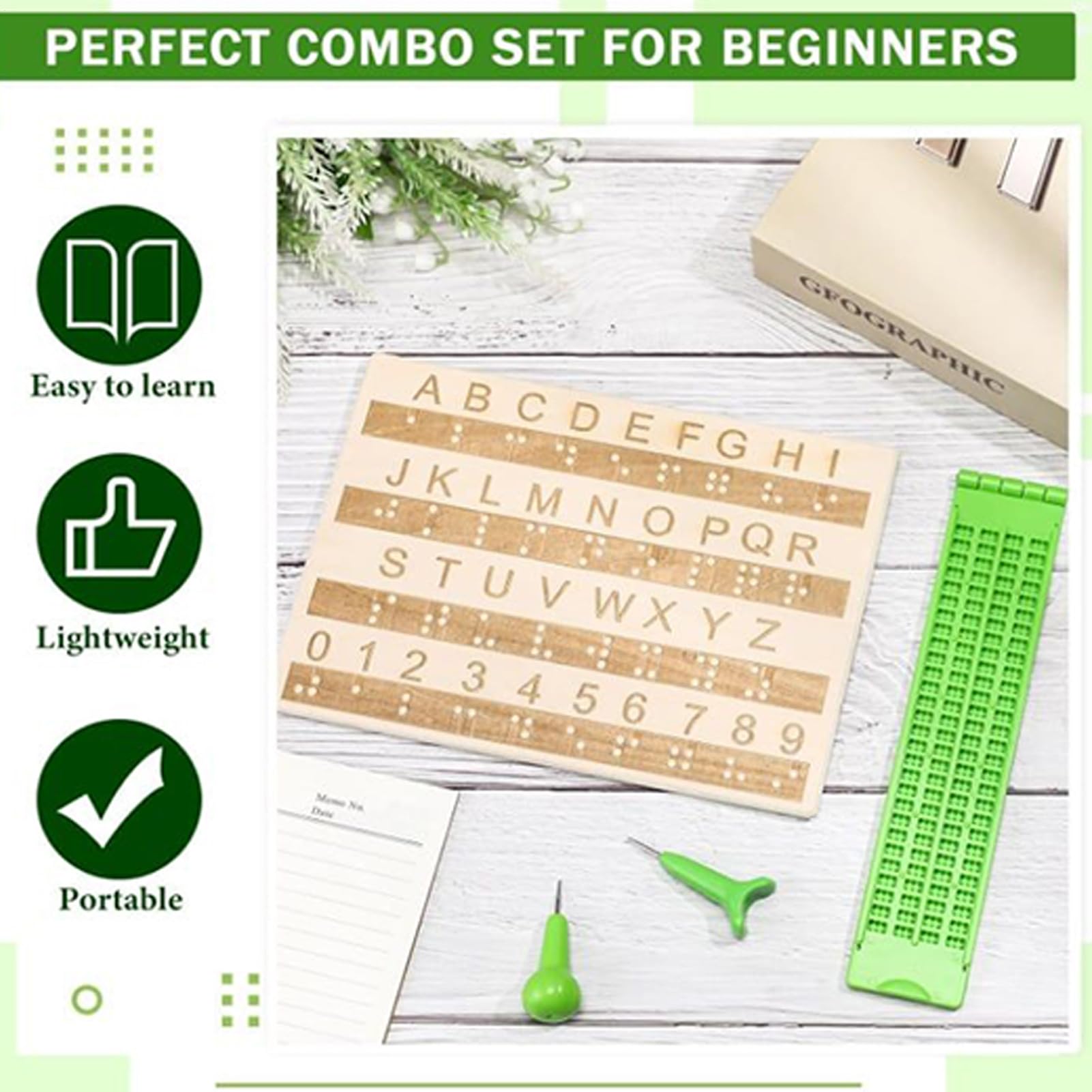Lavagna Braille, Con Scrittura Fronte-retro, Materiale In Legno E PVC, Kit Di Formazione Alfabeto Braille, Strumento Di Lettura Educativo, Facile Progettazione Autodidatta, Per Bambini, Adolescenti, A