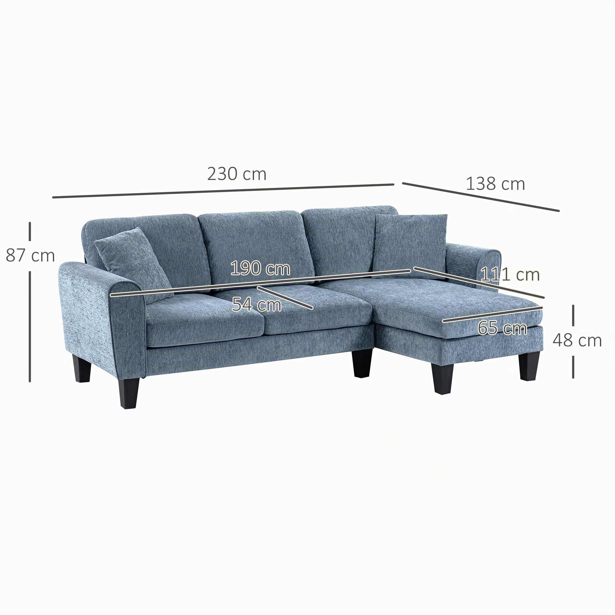 HOMCOM Sofá Chaise Lounge Reversible 200 kg 230x138x87 cm Azul Oscuro