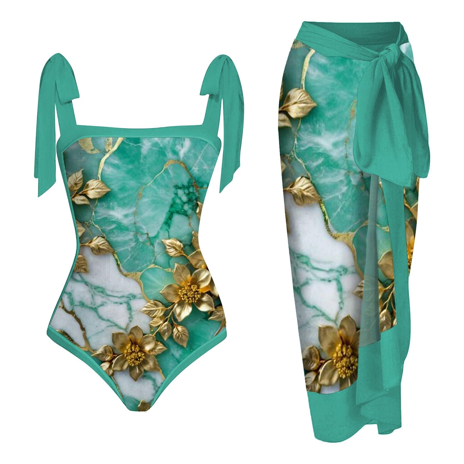 Costume da bagno estivo da donna 1 pezzo + 1 copricostume da bagno con due stampe Monokini Bikini 2 costumi da bagno Tankini Set per vacanze Beachwear costumi da bagno abiti (7)