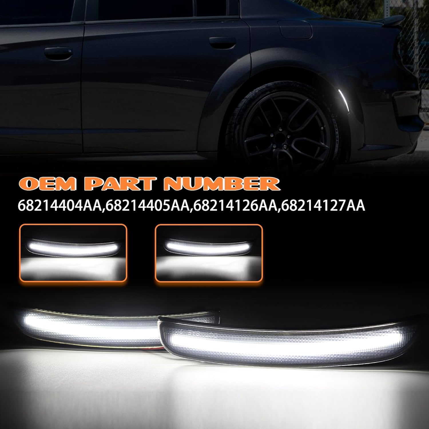 LED Side Marker Light Compatible with Dodge Charger 2015-2023 Front Rear Bumper Lights, Smoked Lens White Side Marker Lamp Kit 4PCS