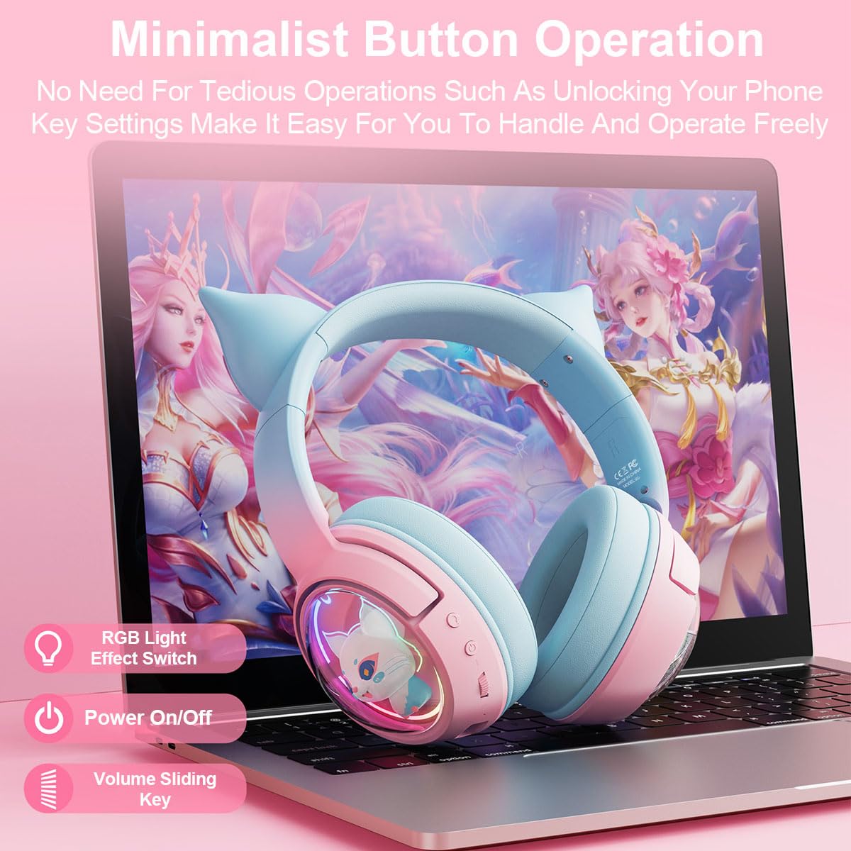 Casque Bluetooth sans Fil avec Oreilles de Chat - avec Microphone - avec lumière LED RVB - 2,4 GHz - USB-avec Oreilles de Chat - Son stéréo HD - pour PC, TV, Tablette
