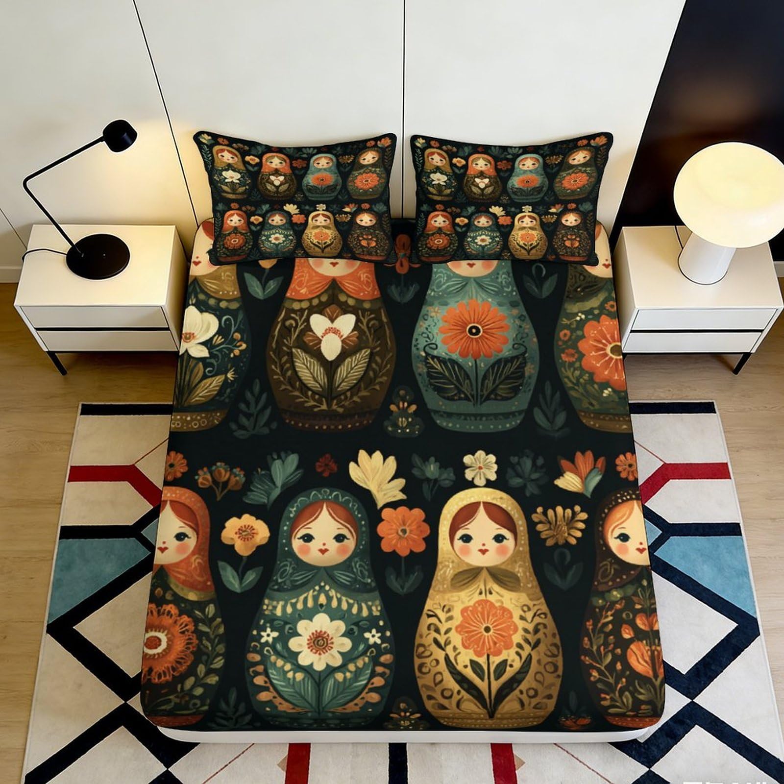 3D Printed Matryoshka Doll Fitted Sheet Microfiber Soft Anti-Slip Russian Nesting Bed Cover for Bedroom Guest Room Decor 90x200x25cm