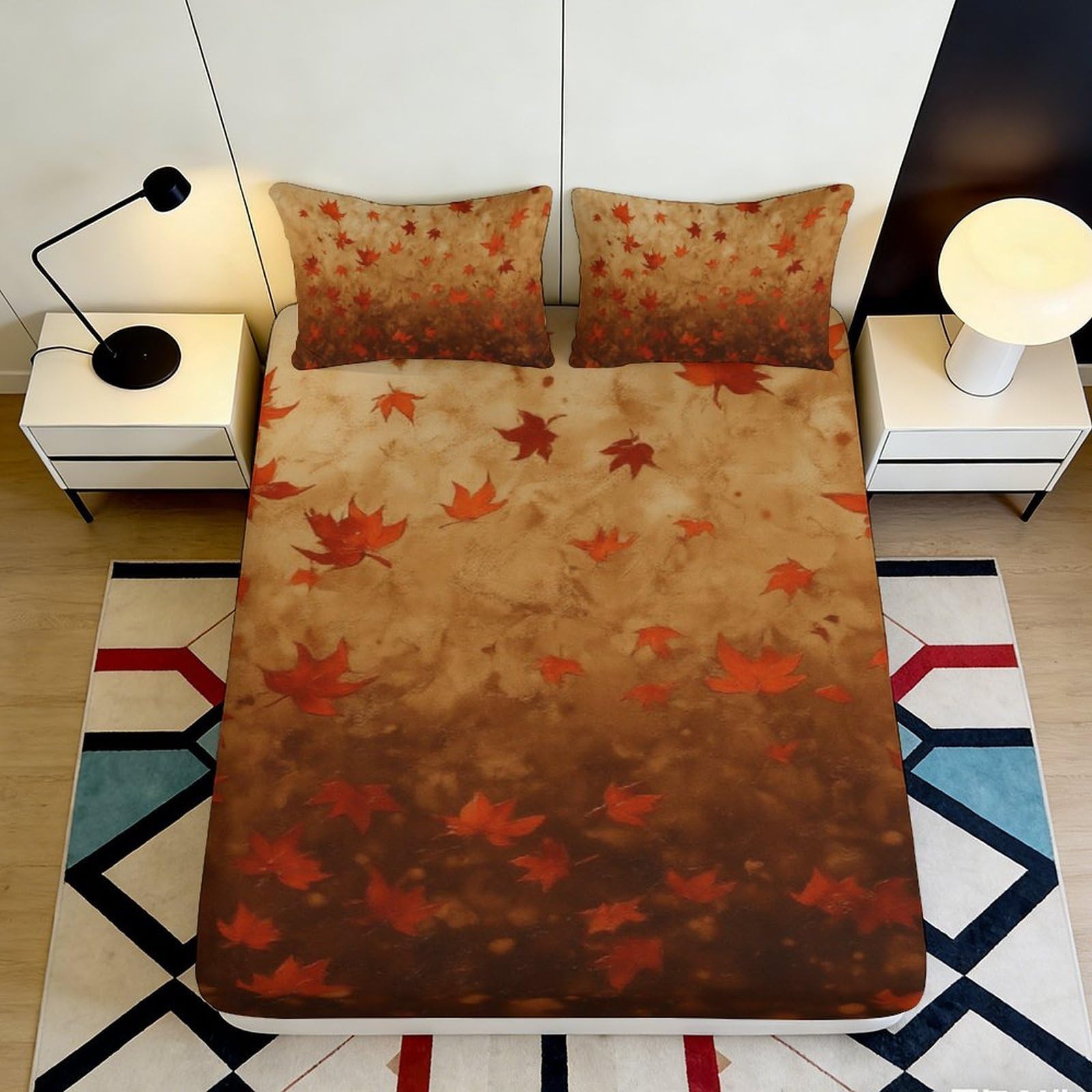 3D Printed Autumn Maple Leaf Fitted Sheet Microfiber Soft Breathable Brown Gradient Bed Cover for Bedroom Dorm Mattress Protection Decor 90x200x25cm