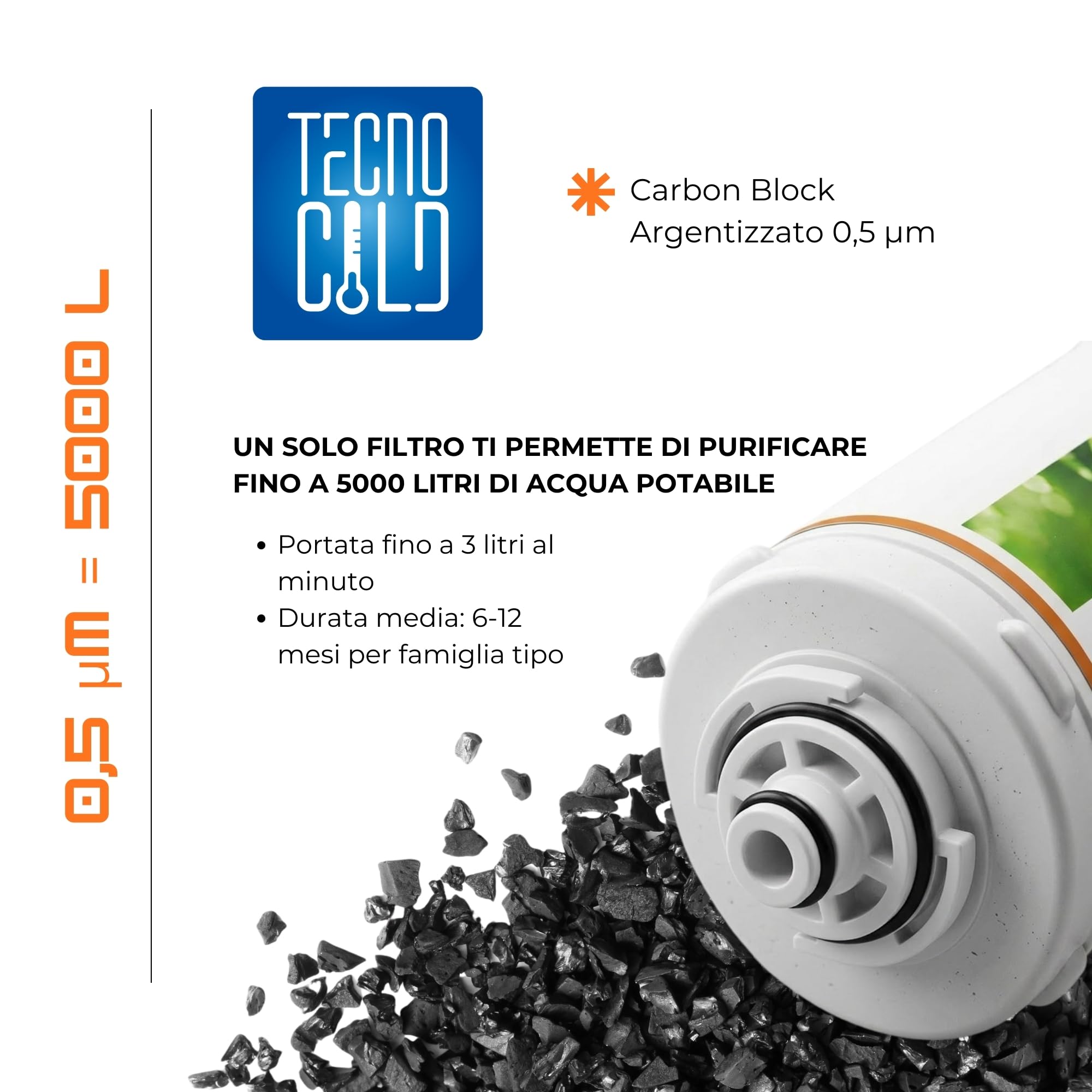 Filtro Acqua Microfiltrazione 0.5 µm Water Pro AG03 – Carbon Block con Membrana Plissettata – 5000 L – 3 L/min – Azione Batteriostatica – Riduce Cloro, Odori e Impurità