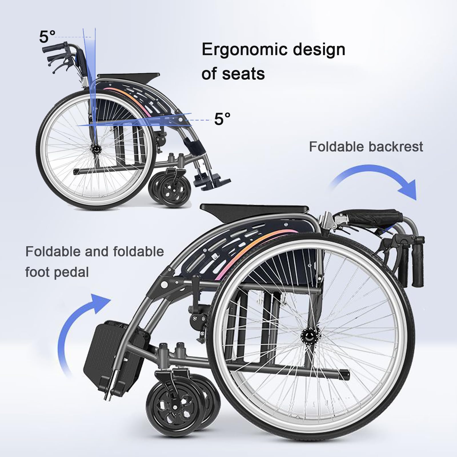 Silla de ruedas manual autopropulsada, silla de ruedas de aluminio plegable ligera con frenos de mano, ruedas traseras de liberación rápida y amortiguador para una fácil movilidad