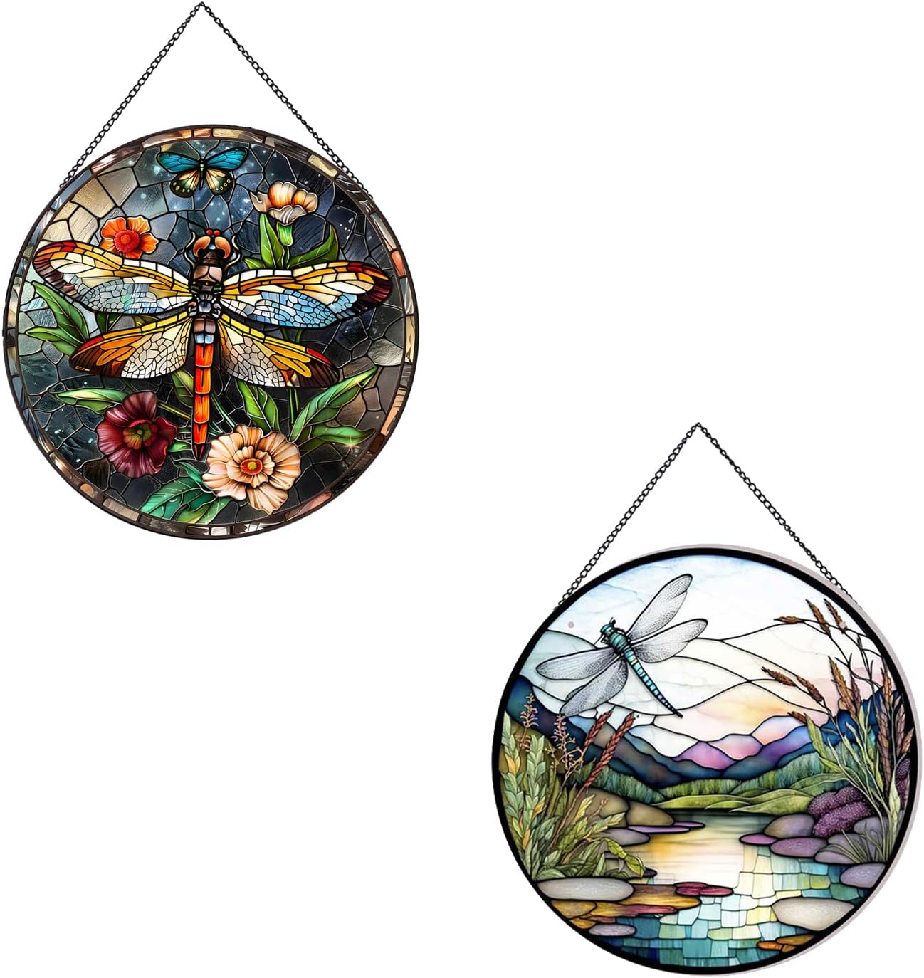 River and Dragonfly Pattern Suncatcher Stained Glass+Dragonfly Hanging Stained Glass Suncatcher