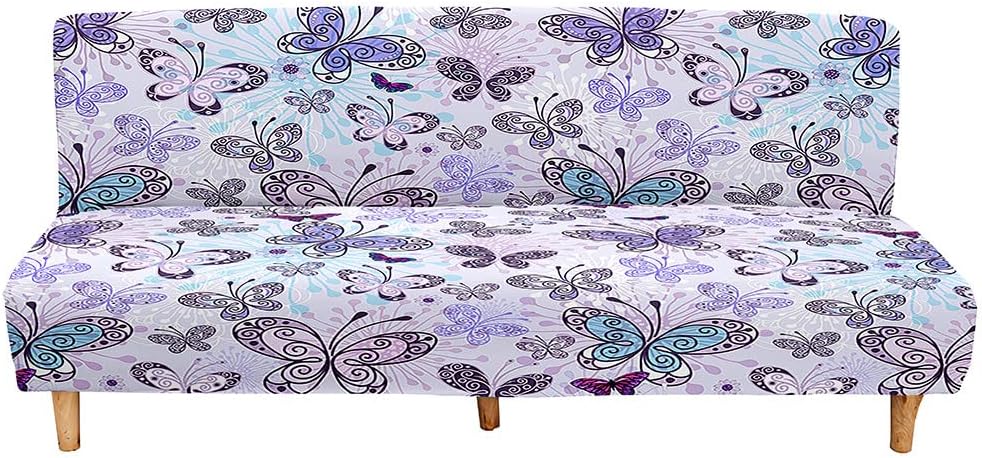 Mateju Armless Sofa Bed Cover, Butterfly Pattern Folding Sofa Bed without Armrests, Non Slip Stretch Futon Slipcover Protector for 2-3 Seater, Washable Couch Bed Slipcovers (Light purple,160-190cm)