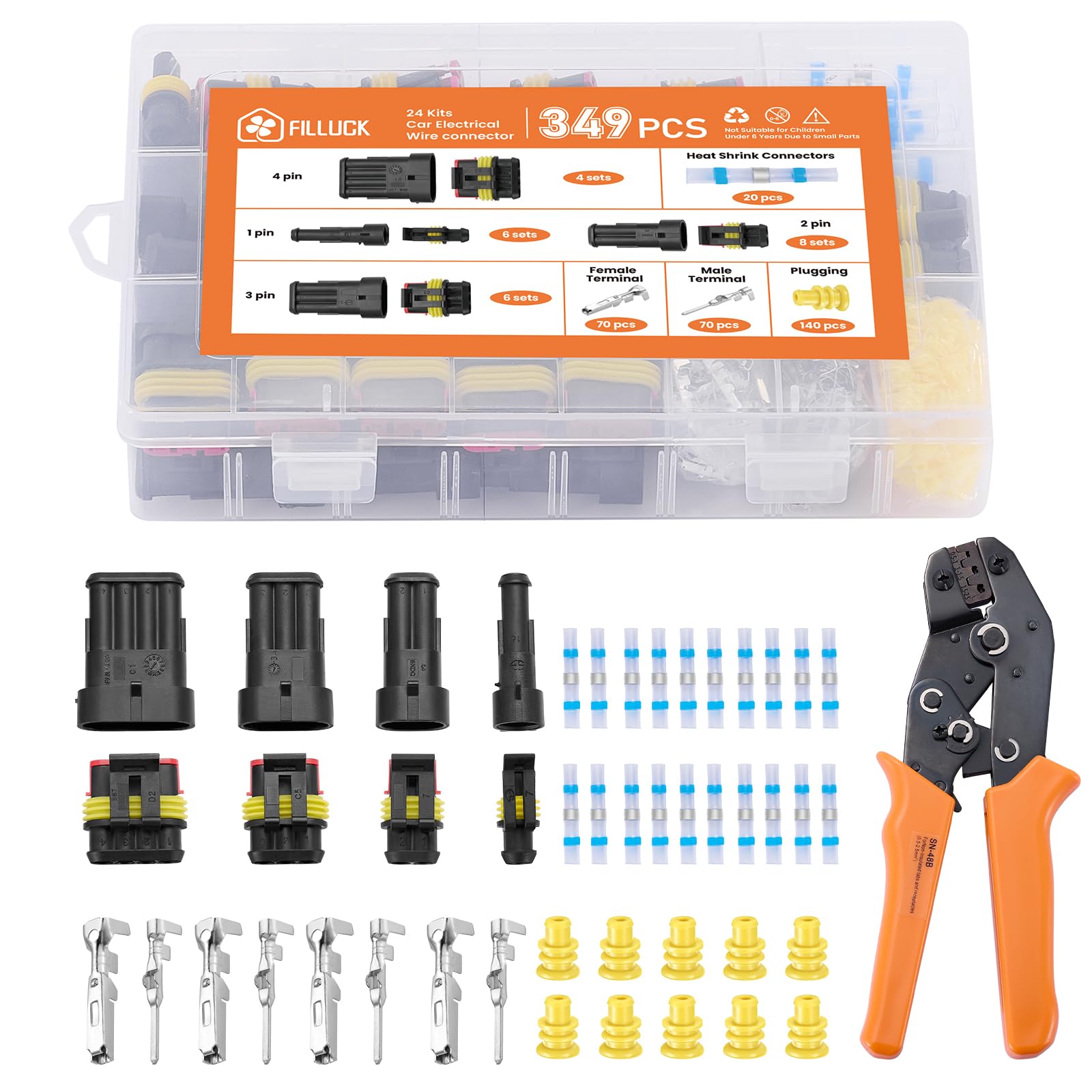 Filluck 349PCS Car Automotive Electrical Wire Connectors 1/2/3/4 Pin 24 Kits Connectors Kit Waterproof with Ratchet Crimping Tool 22-16 AWG