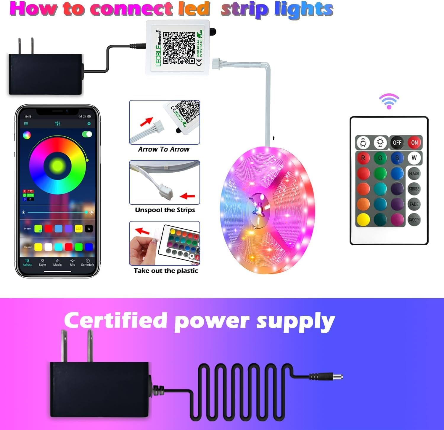 65.5FT Led Strip Lights,Long Smart Led Light Strips Music Sync 5050 RGB Color Changing Rope Lights,Bluetooth APP/IR Remote/Switch Box Control Led Lights for Bedroom,Home Decoration,Party,Festival