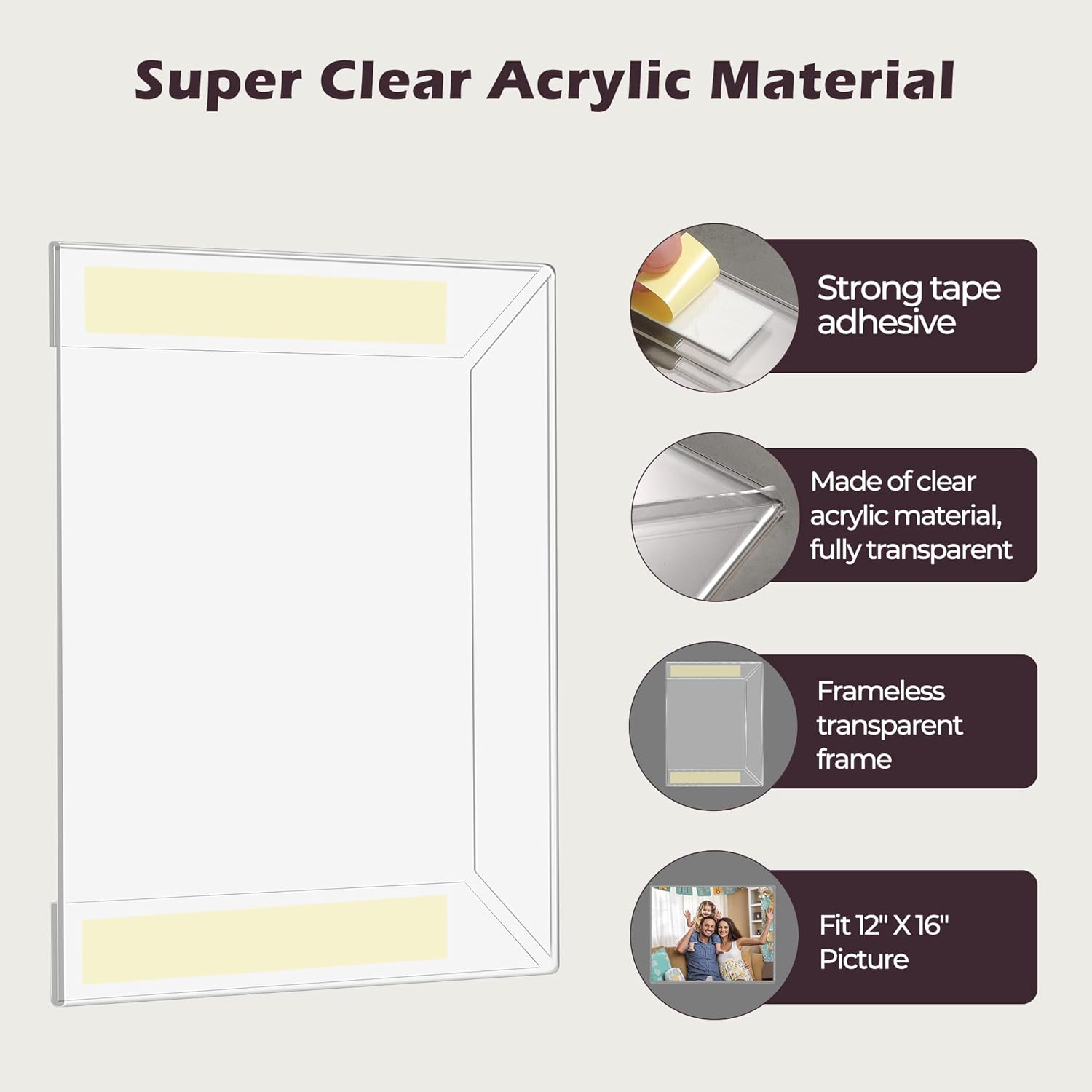 12x16 Acrylic Picture Frame, Clear Frameless Photo Frame for Wall Mount, No Drilling Picture Frames with Tape, Pack of 5 Floating Hanging Picture Frames for Home, School, Office