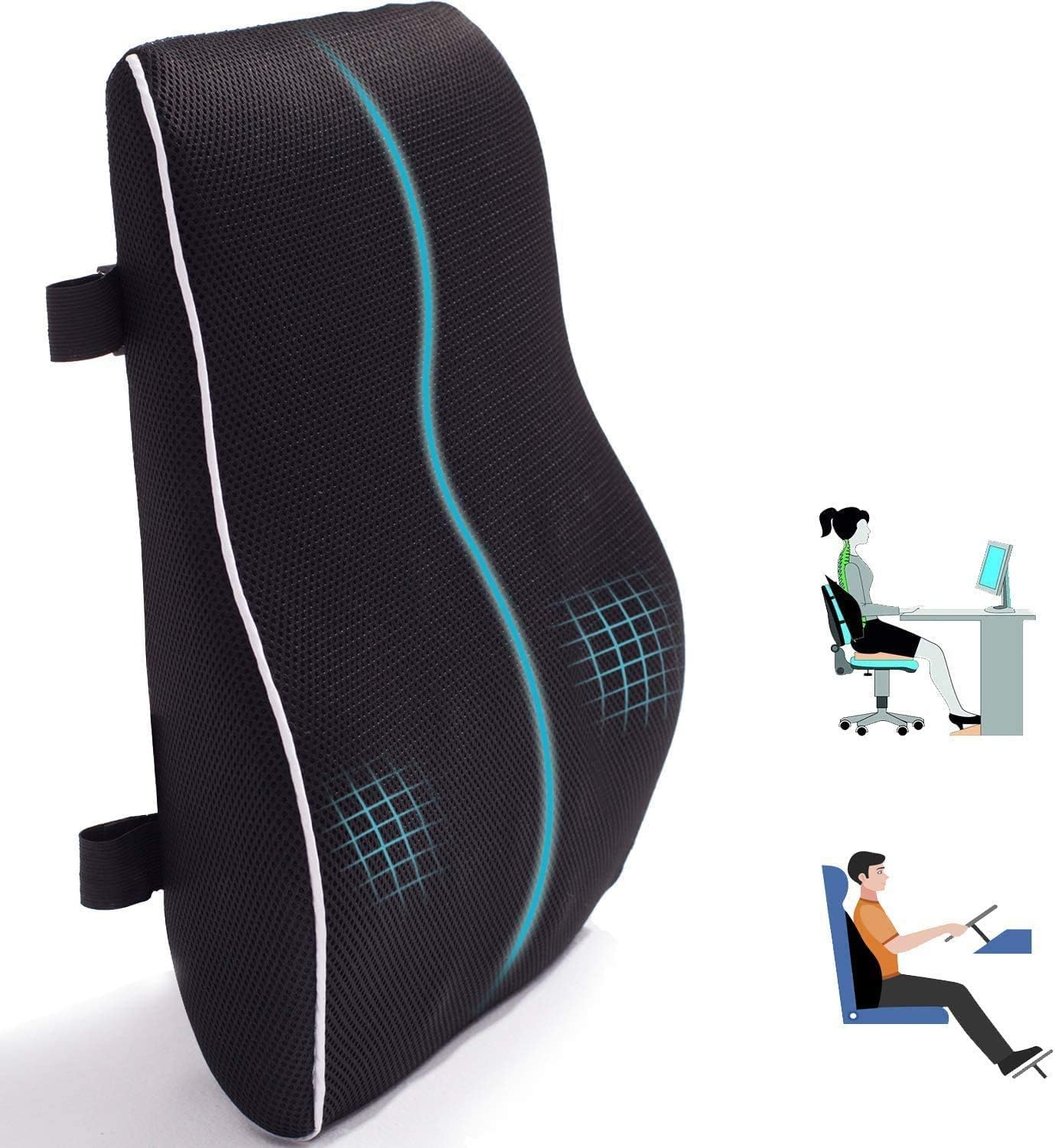 Lumbar Support Pillow For Chair, Back Support Pillow For Car, Memory Foam Back Cushion For Back Pain Relief Improve Posture, Mesh Cover Double Adjustable Straps, Black