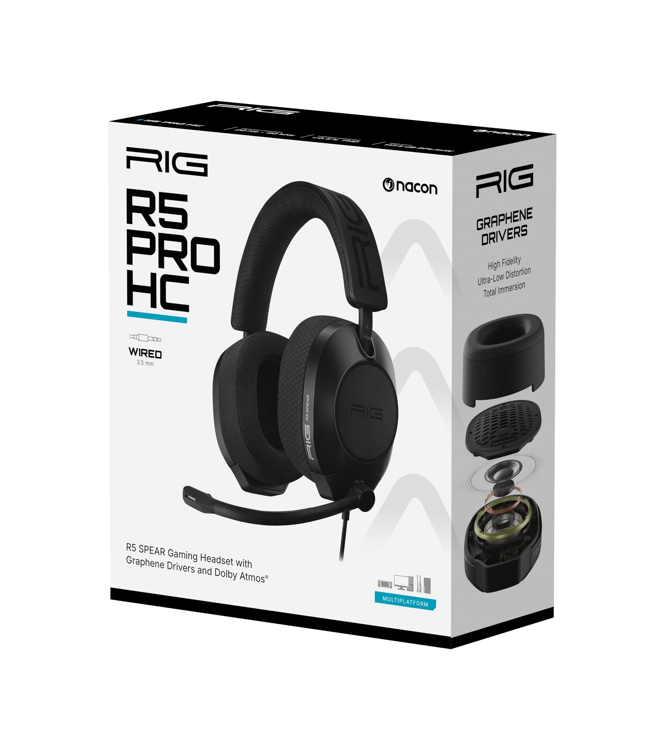 RIG R5 Spear PRO HC - Cuffie da gioco multipiattaforma cablate per PS5, PS4, Xbox Series X|S, Nintendo Switch/Switch 2, PC, driver in grafene da 40 mm, audio Dolby Atmos 3D, microfono flip-to-mute