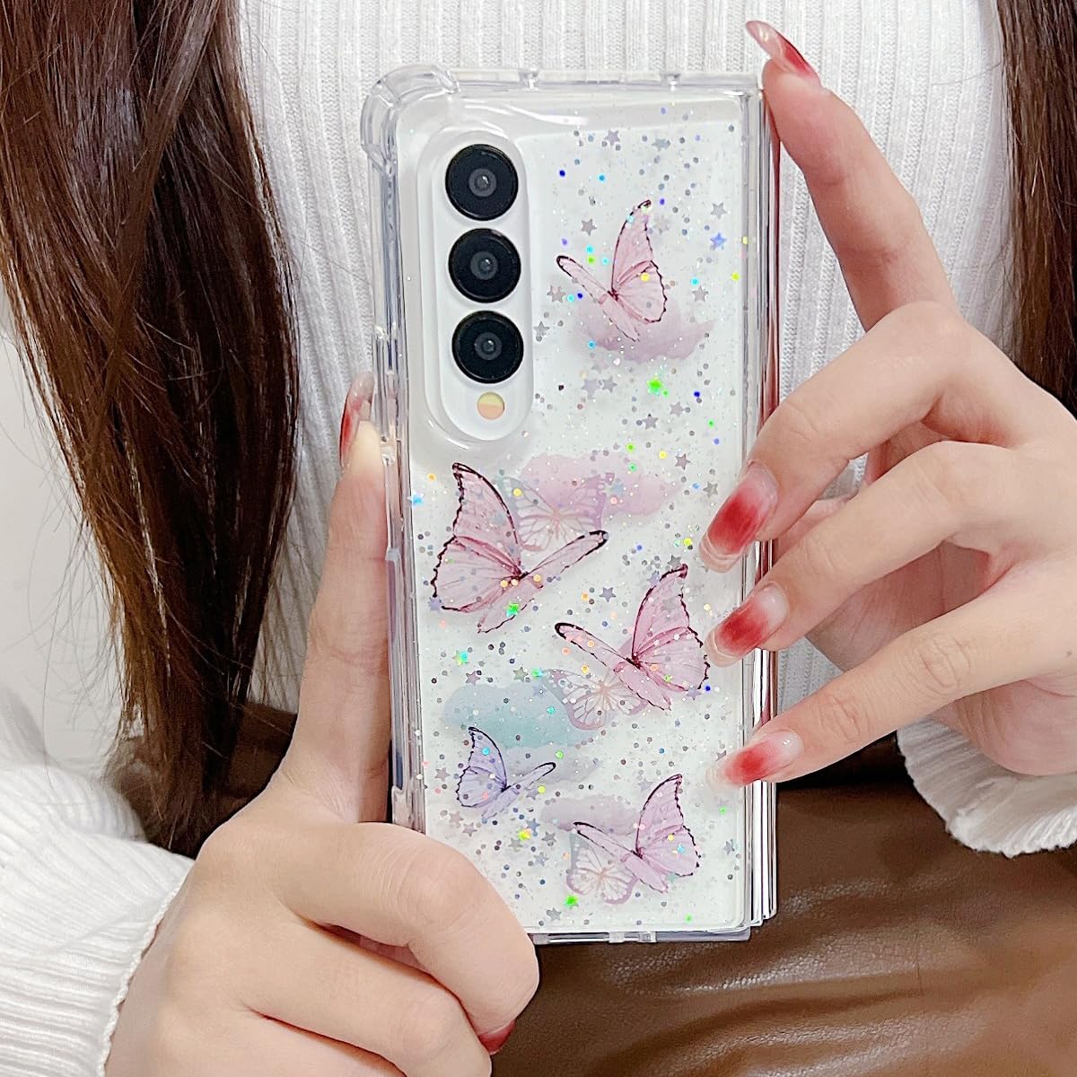 for Samsung Galaxy Z Fold 7 Clear Glitter Butterfly Case,Cute Bling Sparkle Shiny Stars Soft TPU Silicone Four Corners Shockproof Women Girls Protective Phone Case for Galaxy Z Fold 7 5G,Pink - Image 3