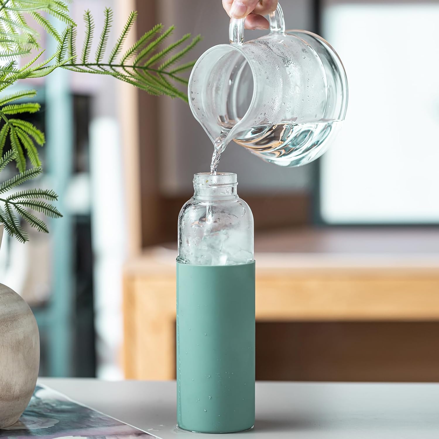 21 oz Borosilicate Glass Water Bottles with Silicone Sleeve & Leak-proof Lid,BPA Free, Dishwasher Safe-Reusable Clear Glass Drinking for Hot and Cold Drinks,Gym Travel Office cu.20.5 ft.(Green+Pink) - Image 6