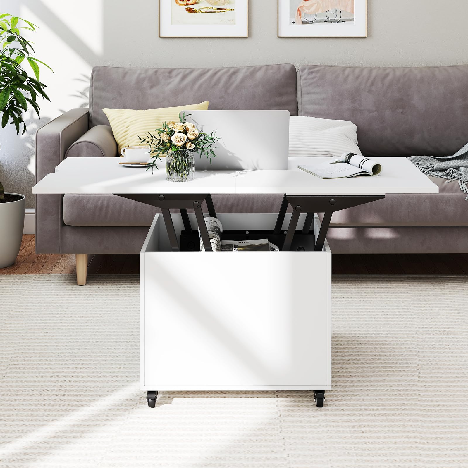 COSTWAY Couchtisch Höhenverstellbar, Wohnzimmertisch mit Schublade, Rollen & verstecktem Stauraum, 3-in-1 Kaffeetisch umwandelbar in Beistelltisch & Esstisch, Sofatisch 120 x 60 x 66 cm (Weiß)