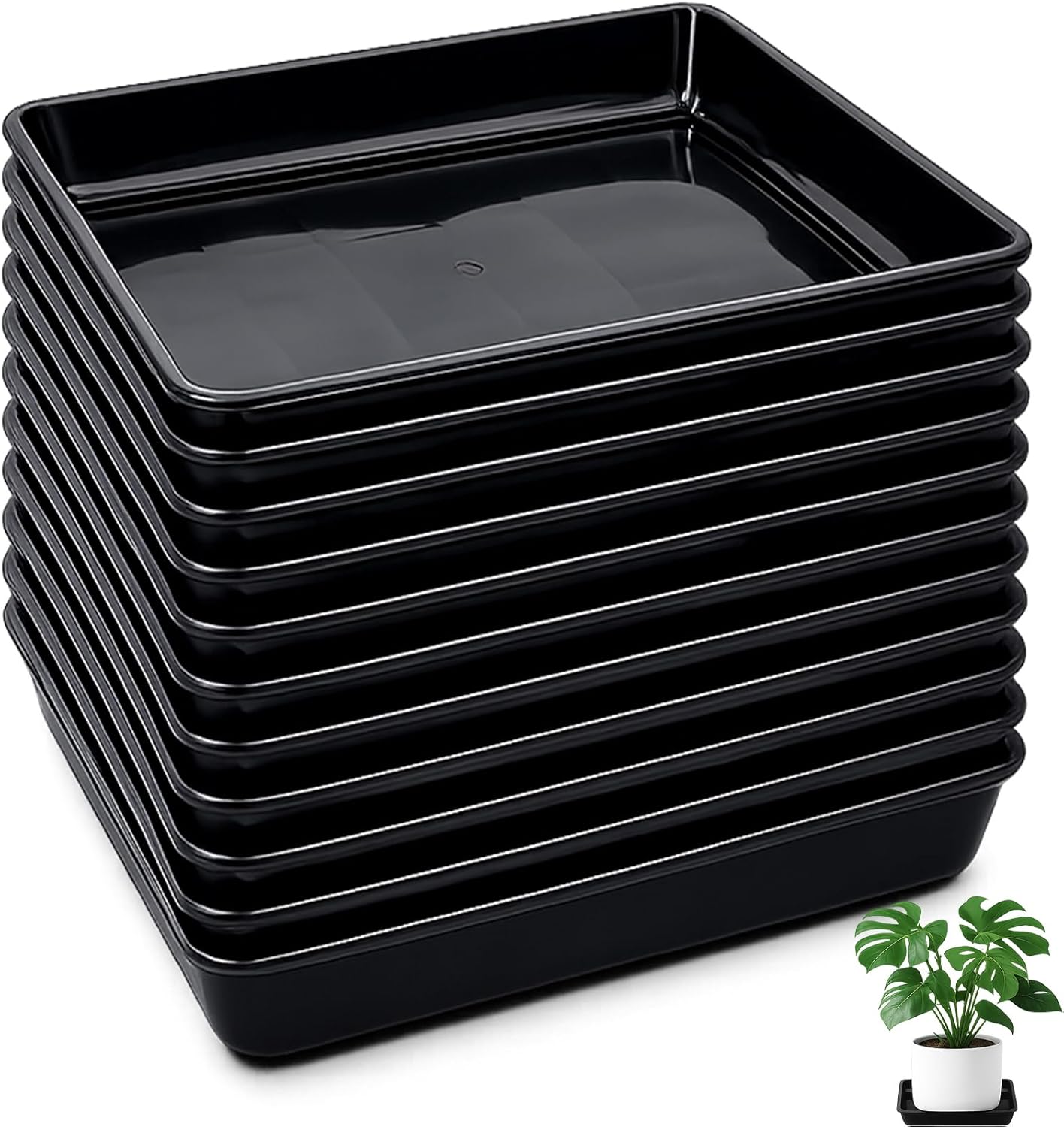 10 Pack Square Plant Saucer 18 Inches Plant Trays for Pots Plastic Round Drip Trays Flower Pot Saucers Black Planter Water Tray Plant Drainage Tray, Black
