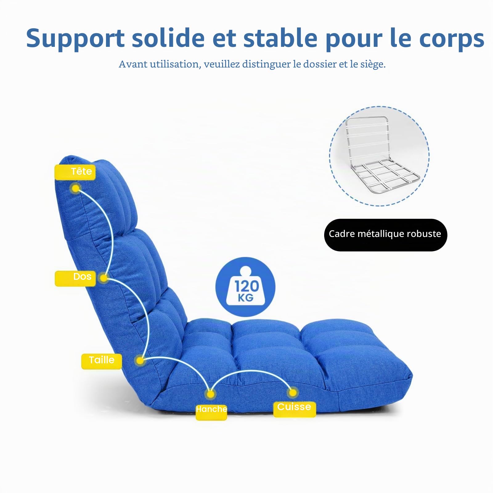 LIFEZEAL Chaise de Sol Rembourrée Pliable, 14 Angles Réglable, Canapé Paresseux Réglable avec Grand Dossier, Chaise de Méditation, Fauteuil Salon pour Yoga, Polaire Corail(Bleu)