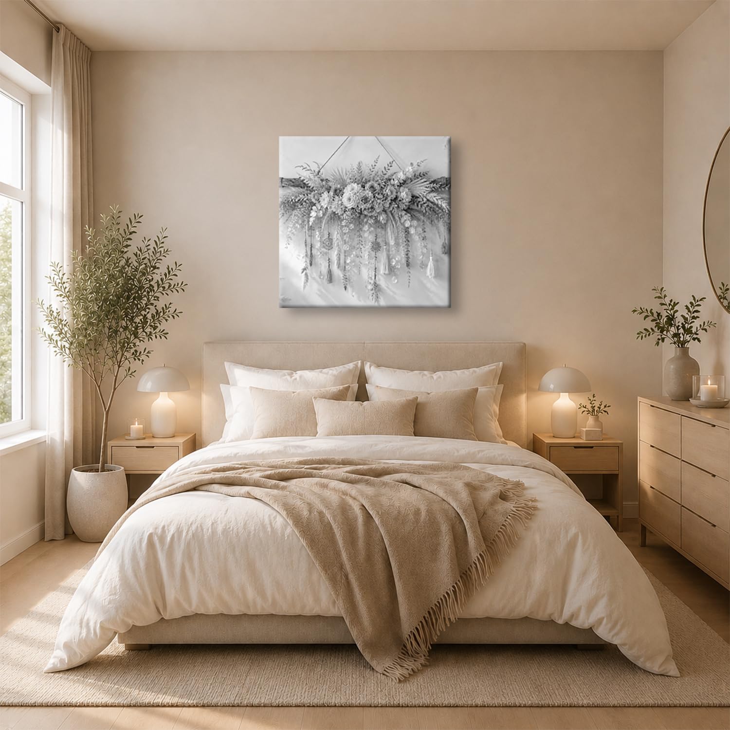 Leinwandbild Trockenblumen mit Hängedeko an Stab 70x70cm Schwarz&Weiß