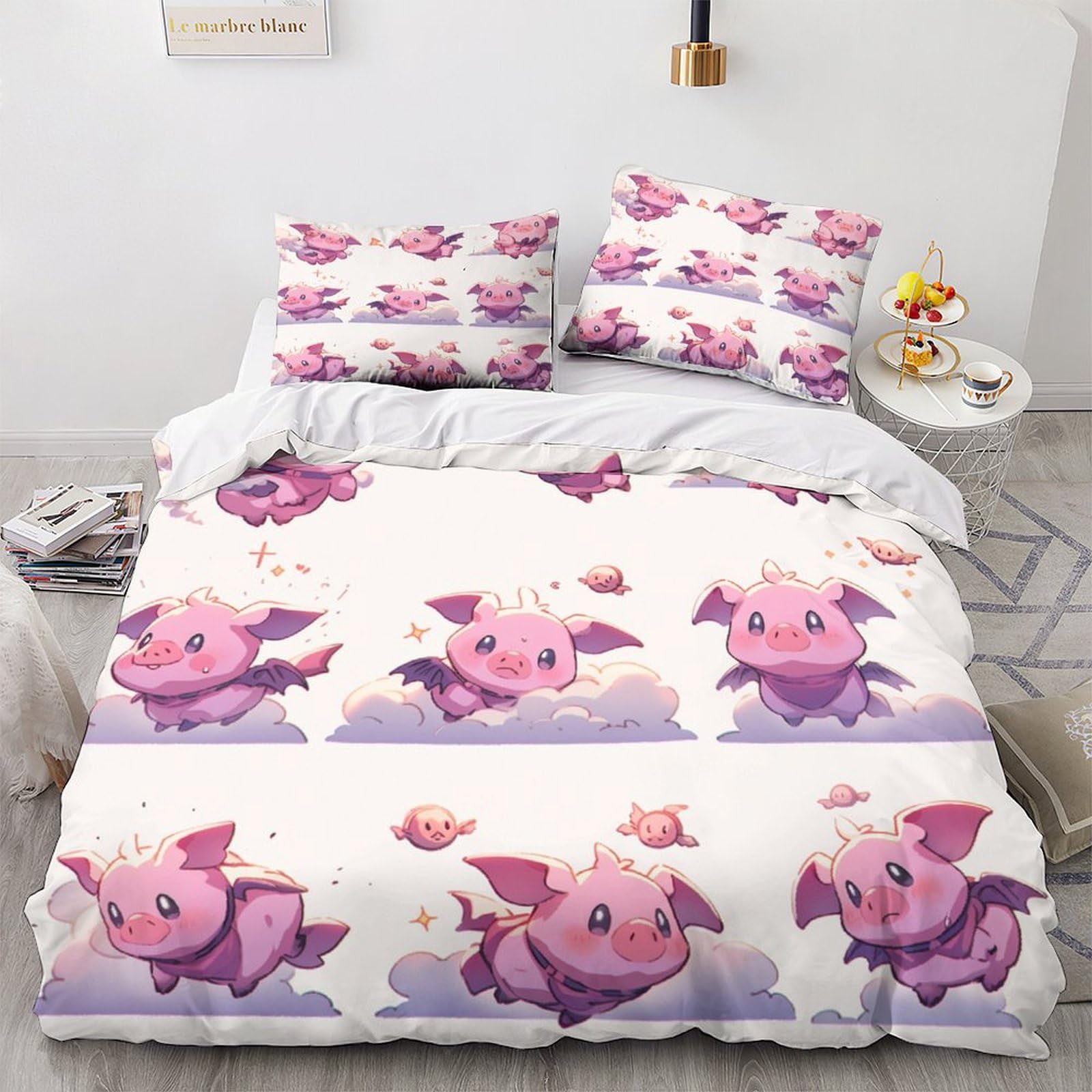 Linge de lit enfant motif cochon volant parure de couette 3D pour chambre magique