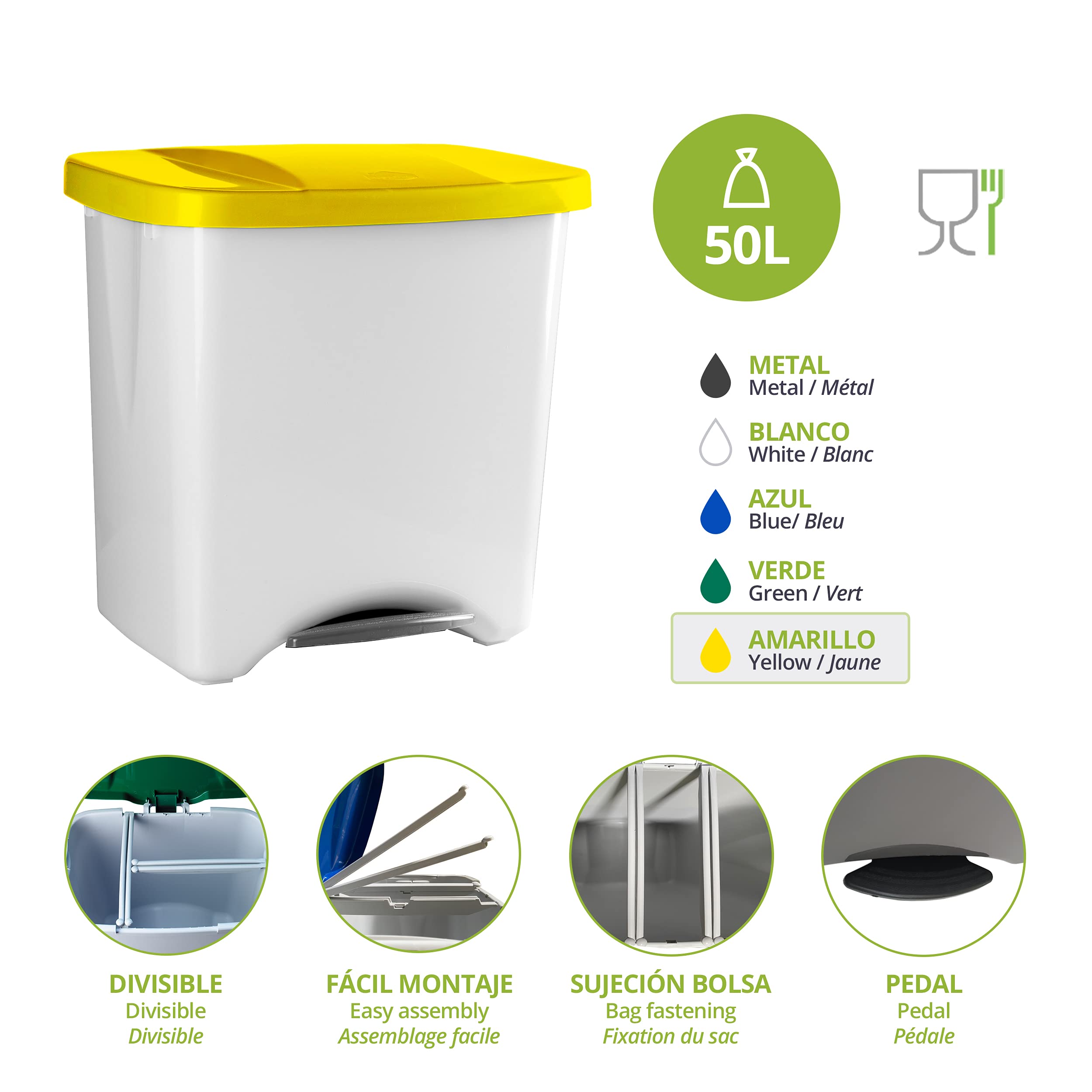 Poubelle à Pédale Écologique, 50 L, Jaune