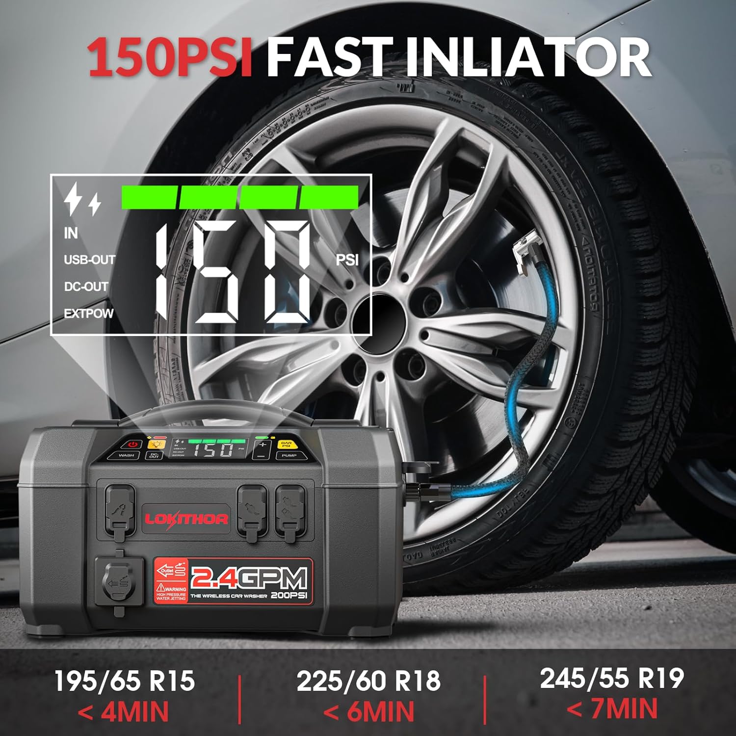 LOKITHOR JA301 2000Amp Jump Starter with 150PSI Air Compressor and AW401 2500Amp Jump Starter with 200PSI Car Washer