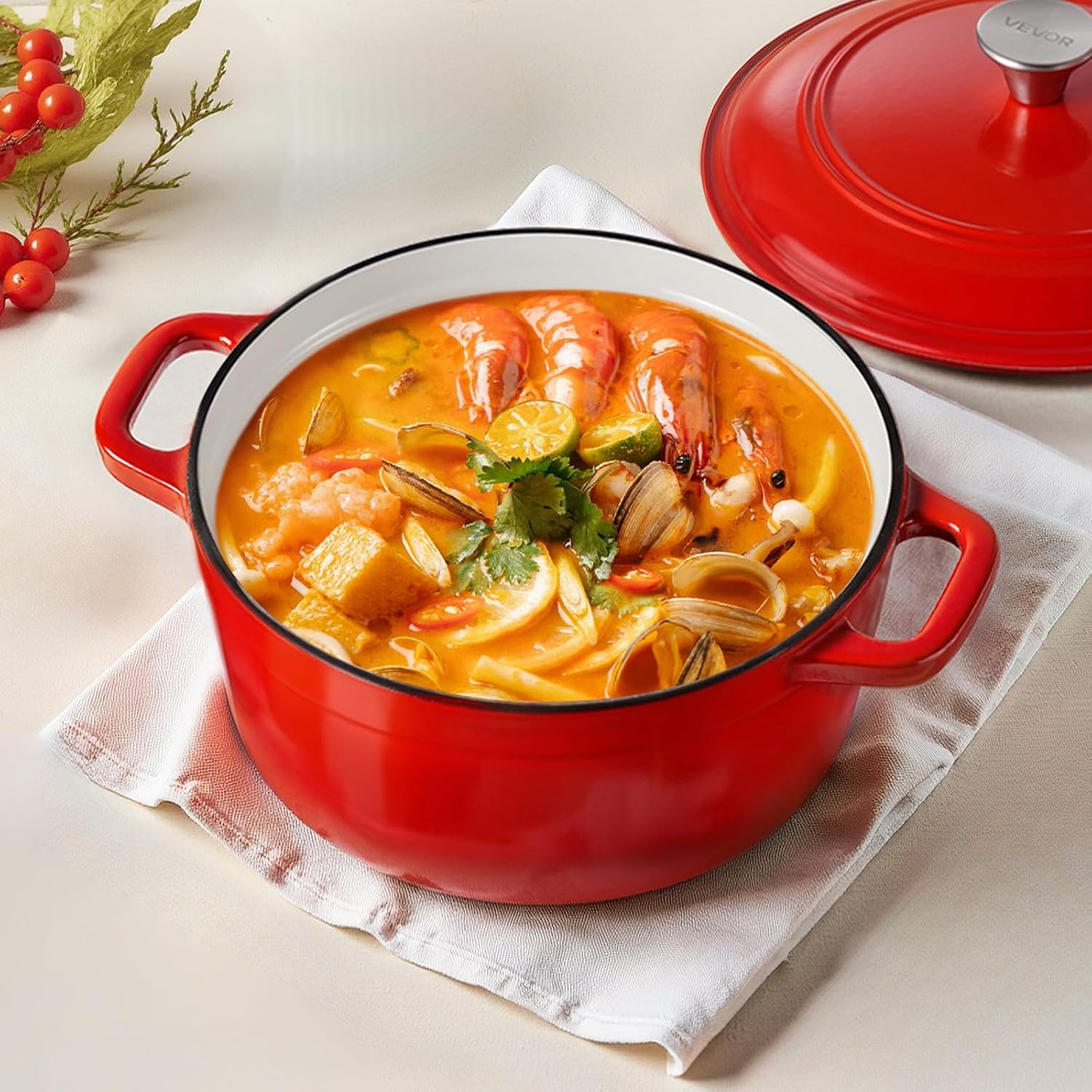 VEVOR Enameled Cast Iron Dutch Oven, 6 Quart Pot with Lid and Dual Handles, Heavy-Duty Durable Cookware Pan, Oven Induction Compatible up to 500℉, for Braising, Stews, Roasting, Bread Baking, Red