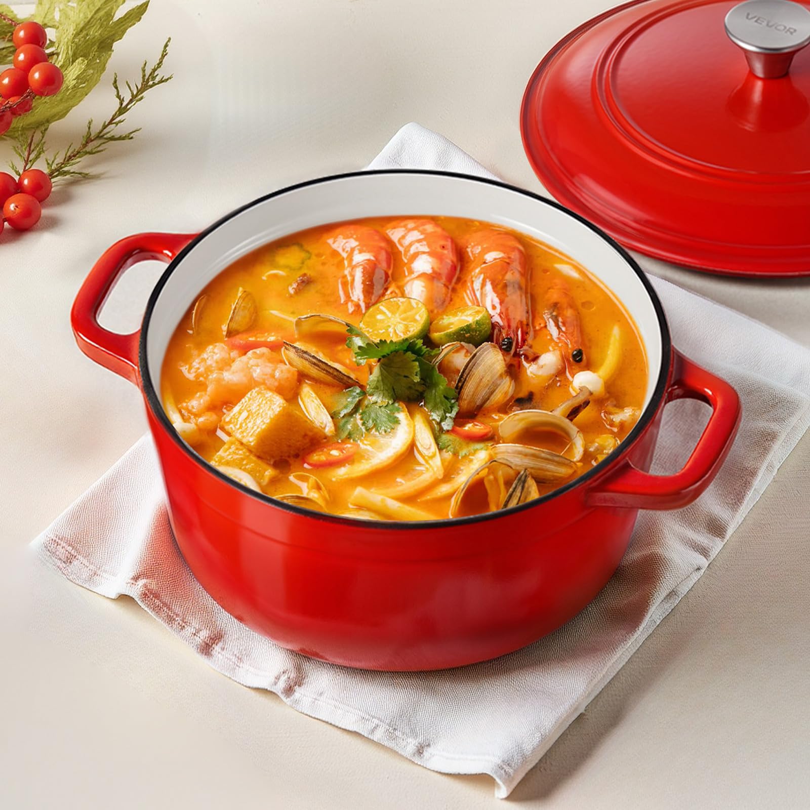 VEVOR Holenderski piec z żeliwa emaliowanego 5,68 l, do pieczenia chleba na zakwasie, z pokrywką i 2 uchwytami, do 260°C, garnek do gotowania i smażenia, 4-6 osób, 350 x 270 x 190 mm, czerwony