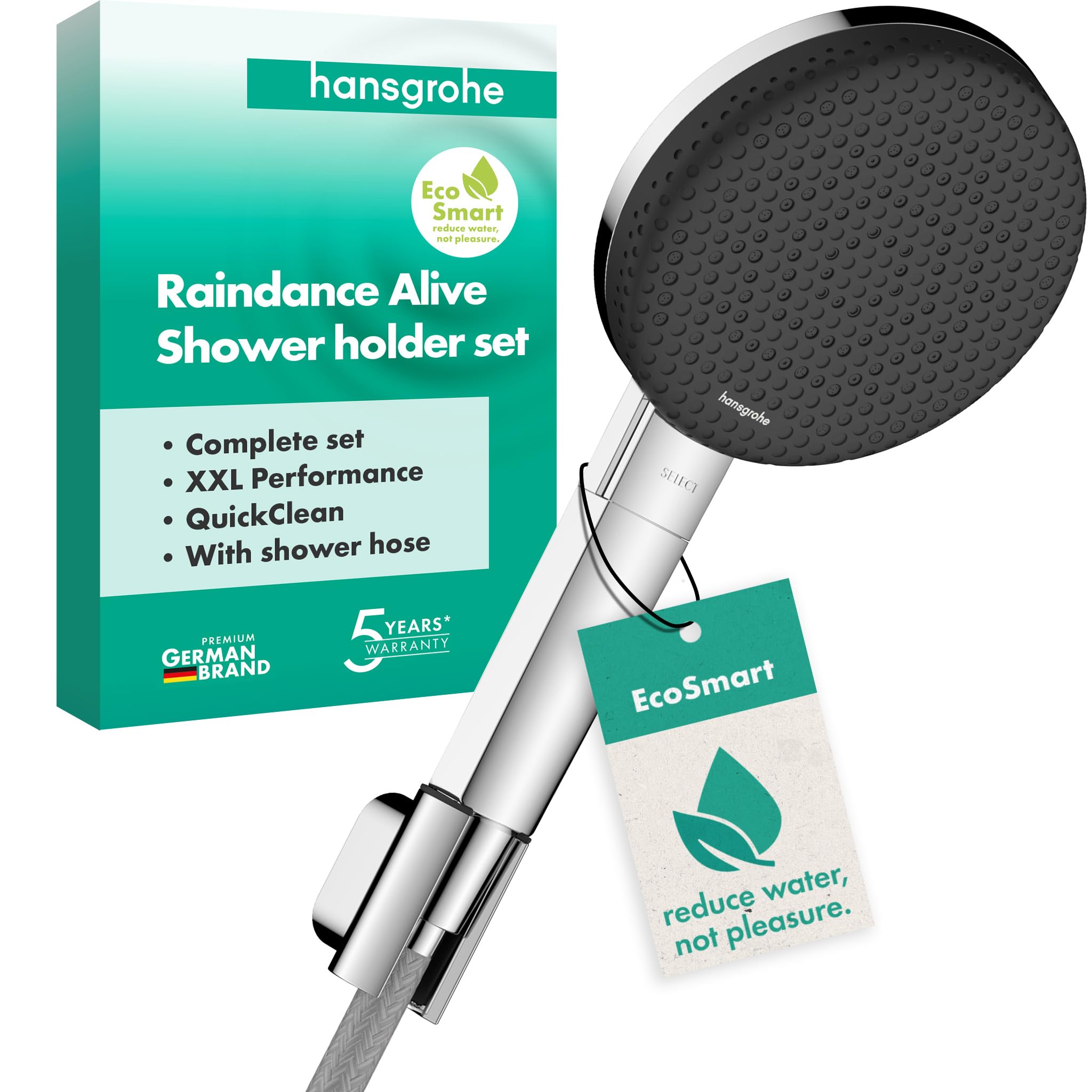 hansgrohe Raindance Alive Select S - conjunto de ducha con alcachofa de ducha ahorro de agua (EcoSmart, 3 tipos de chorro incl. PowderRain), flexo de ducha (1,60 m) y soporte de ducha, cromo, 24611000