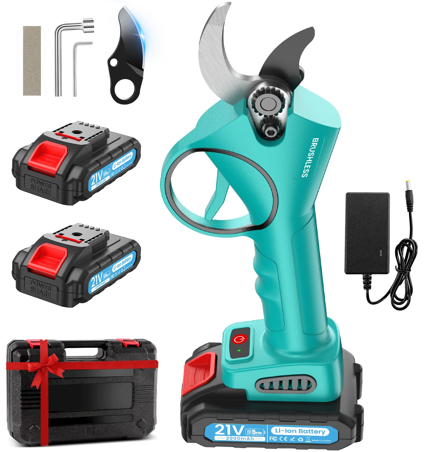Secateur Electrique Sans Fil, 33mm, 800W Motor Sans Balais Secateur Electrique Professionnel avec 2 x 2000 mAh & Lames de Rechange & Boîte,Sécateur pour l'élagage des arbres et le jardinage