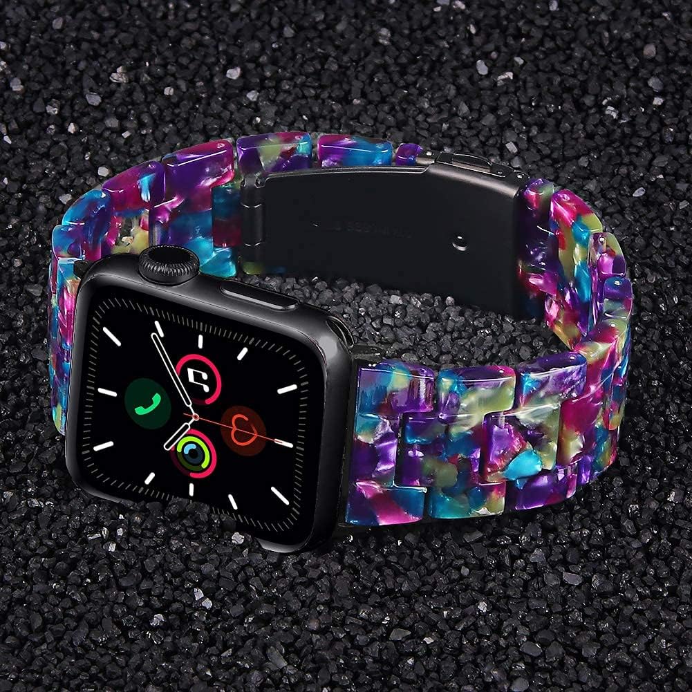 Joyozy Fashion Resin Band Compatible with Apple Watch 38mm 40mm, Stainless Steel Buckle iWatch Band Bracelet for Apple Watch Series 7 Series SE Series 6 5 4 3 2 1 Women(Flower Purple Green, 38mm 40mm) Image