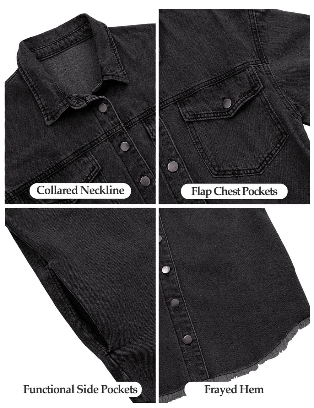 Generisch Women's Oversized Button Up Frayed Hem Shacket Casual Long Sleeve Button Down Boyfriend Jean Jacket With Pocket