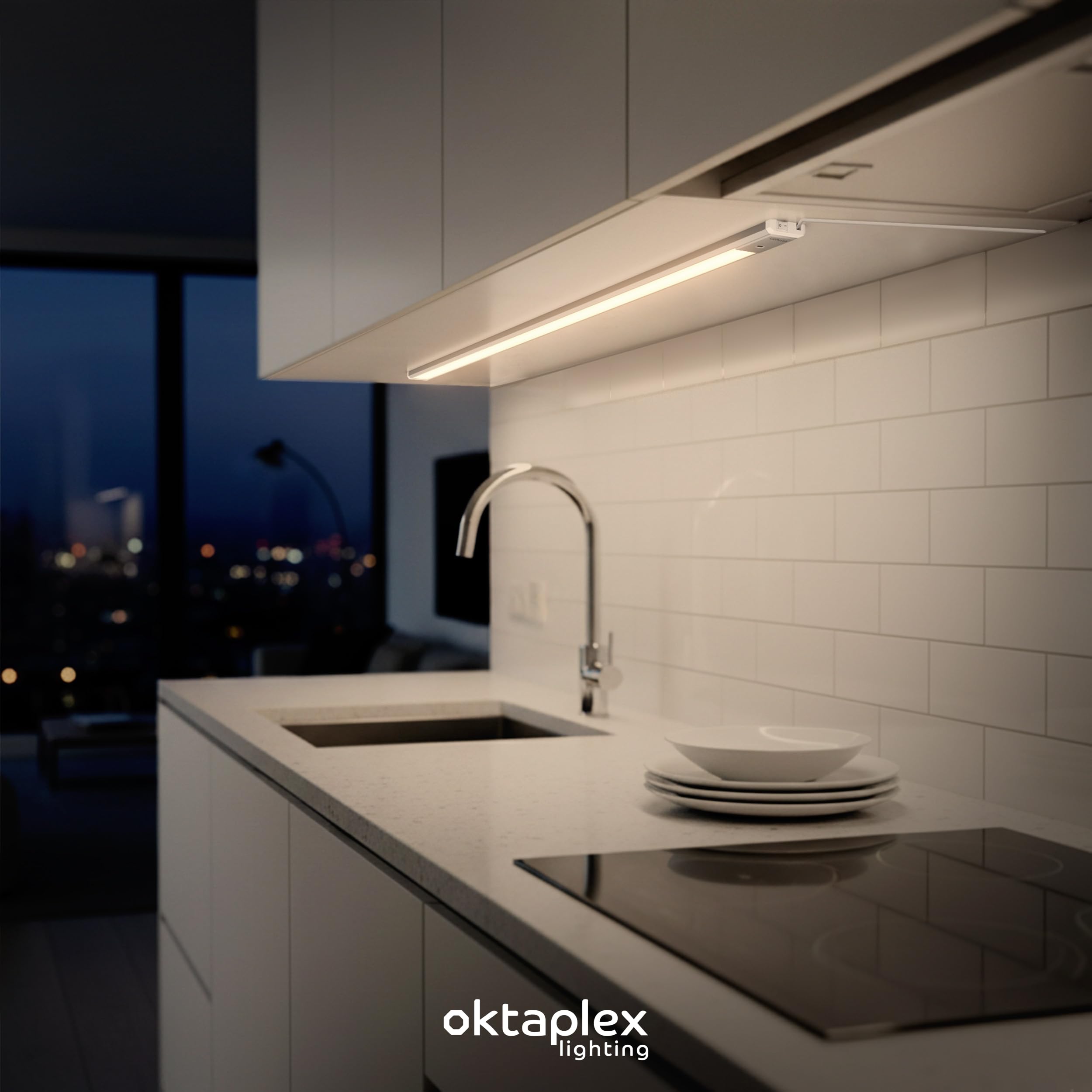 Oktaplex 3er Set Riva LED Unterbaulampe 120cm flach mit Sensor | 700lm Dimmbar Warmweiß 3000K Lichtleiste 10W Küchenbeleuchtung silber