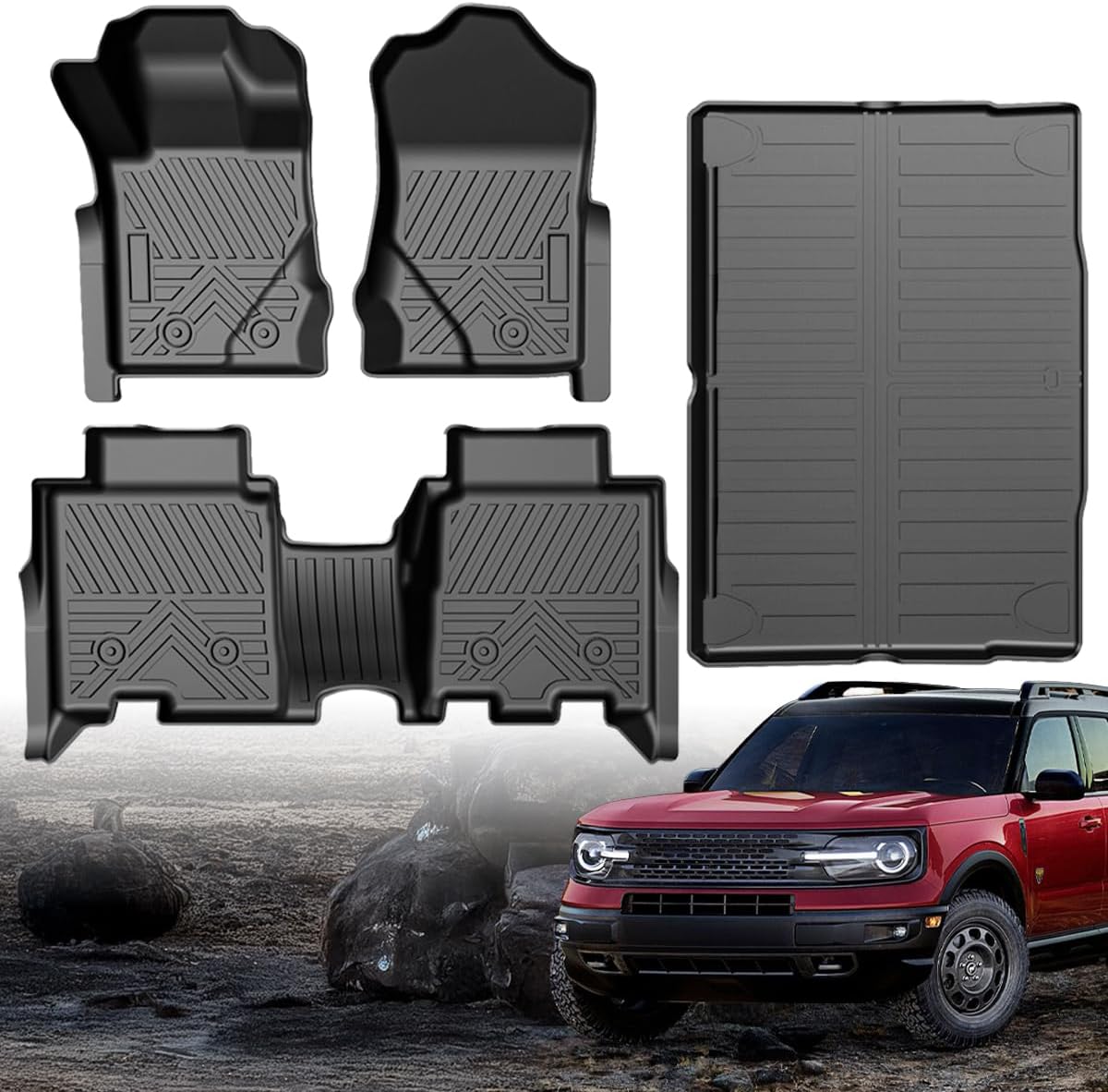 TPE All-Weather Floor Mats Cargo Liner for Ford Bronco 4 Door 2021-2025(Not for Bronco Sport) | Custom Fit Floor Liners Trunk Mat,1st & 2nd Row & Cargo Liner, Easy to Clean (4-Piece Set, Black)