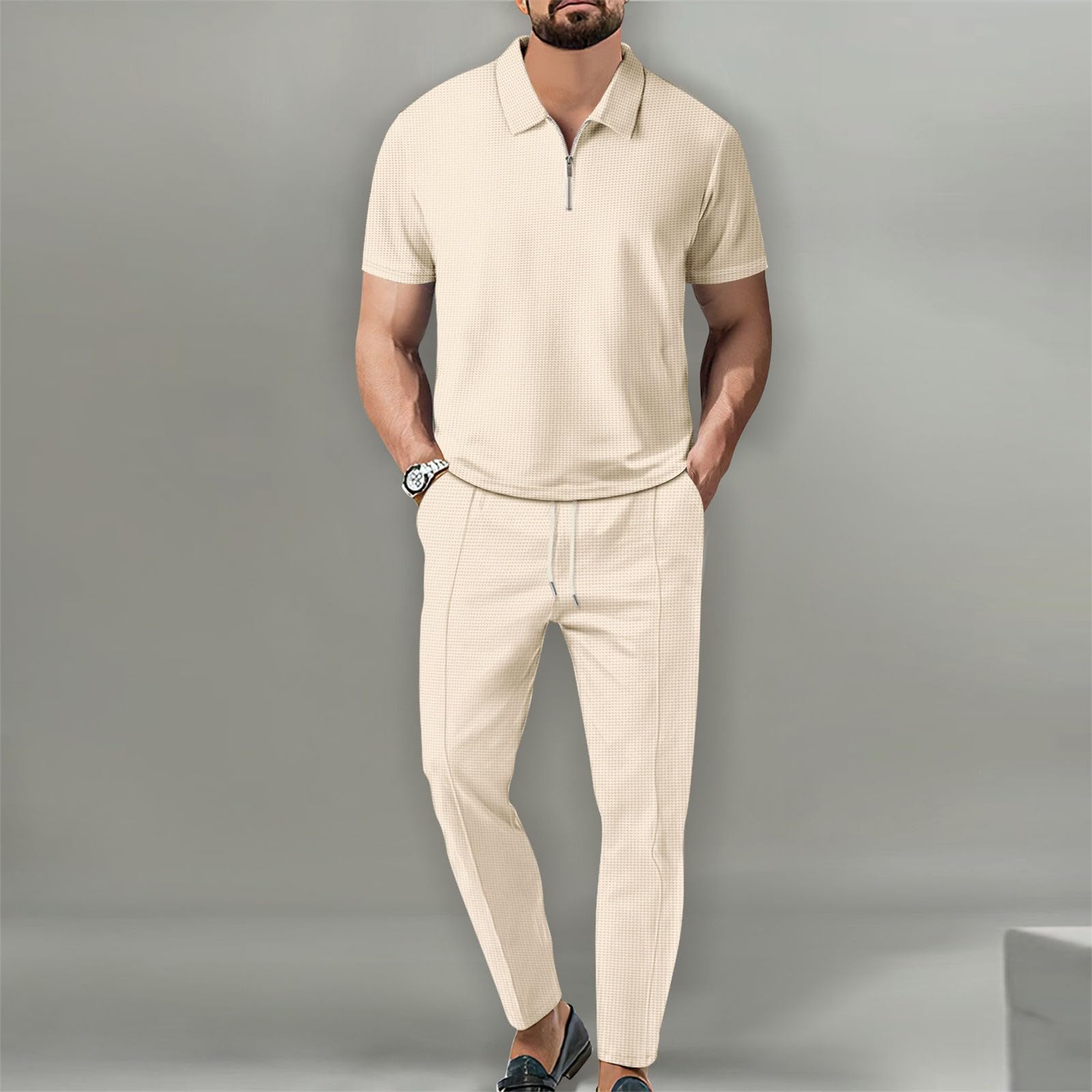 2 Pezzi Tuta Uomo Taglie Forti Comodi Completi Sportivo Traspirante Casual Elegante Polo E Pantaloni Con Coulisse Con Elastico In Vita Abbigliamento Outfit Spiaggia Cotone Jogging Tuta Palestra