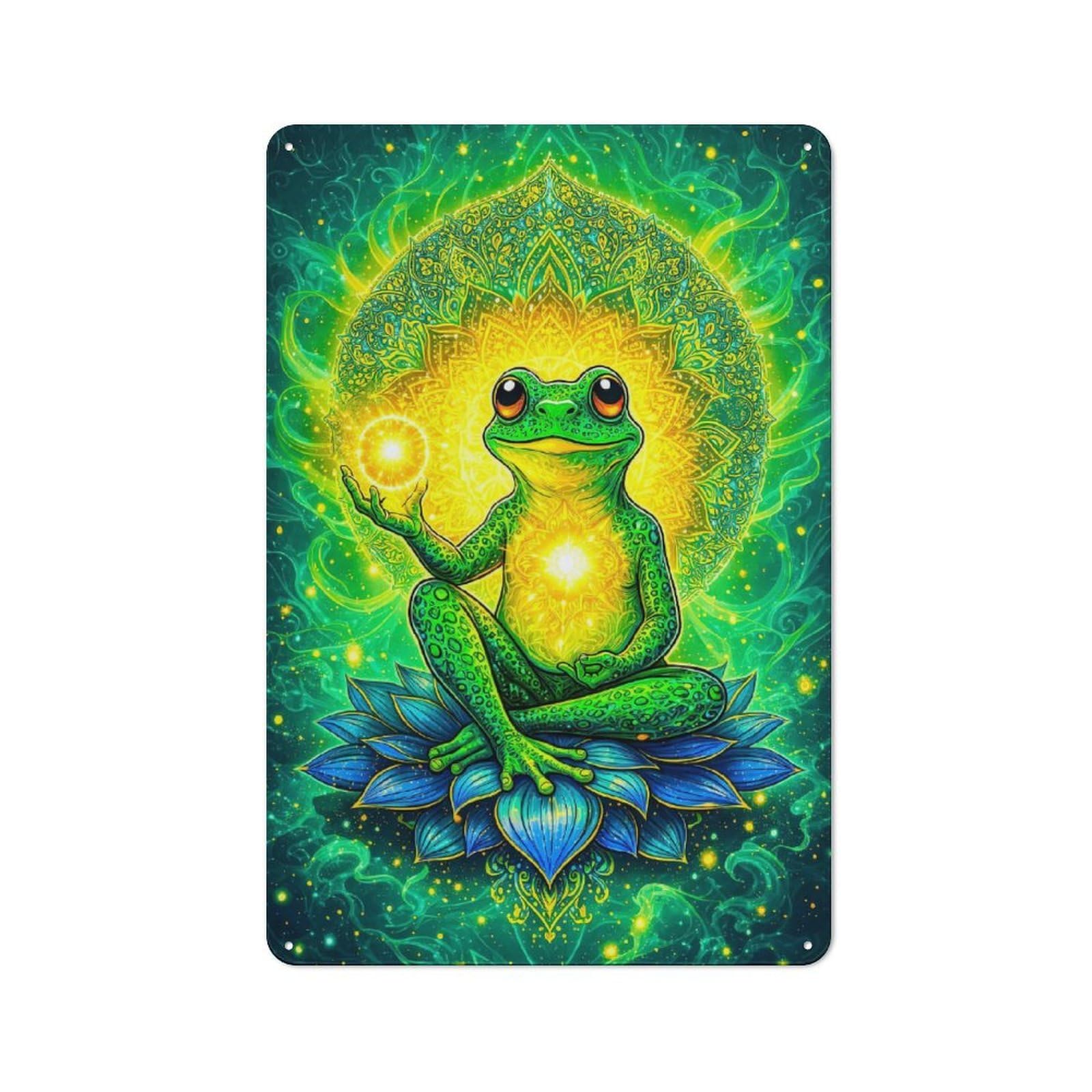Junmoney Style-24 Metal Sign 30X20cm With Meditating Frog With Cosmic Mandala For Pub Or Café, Vintage Decor, For Metal Sign Collectors, For Garage And Workshop Walls
