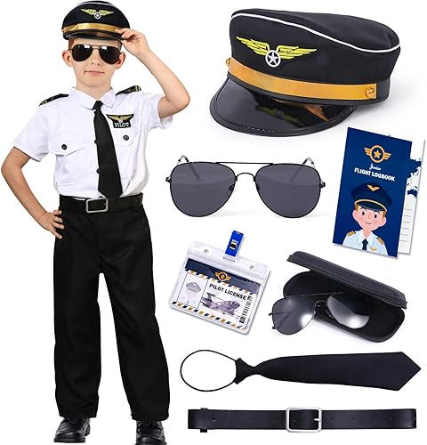 Tacobear Disfraz de piloto para niños, uniforme de aerolínea, lentes de sol, sombrero de piloto, accesorios de vuelo, disfraz de Capitán América de